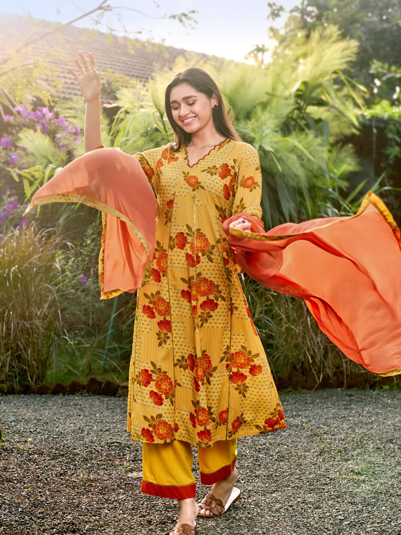 Women Yellow Liva Rayon Kurta Comfort Pant Dupatta.