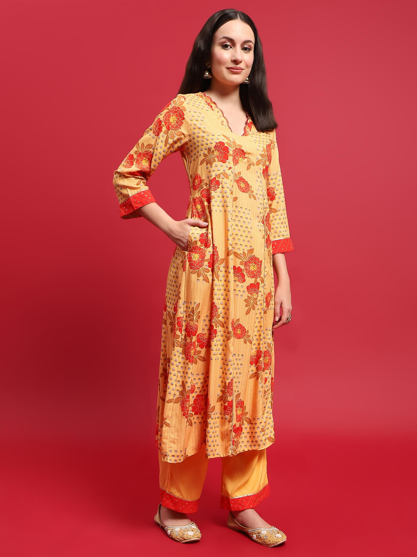 Women Yellow Liva Rayon Kurta Comfort Pant Dupatta.