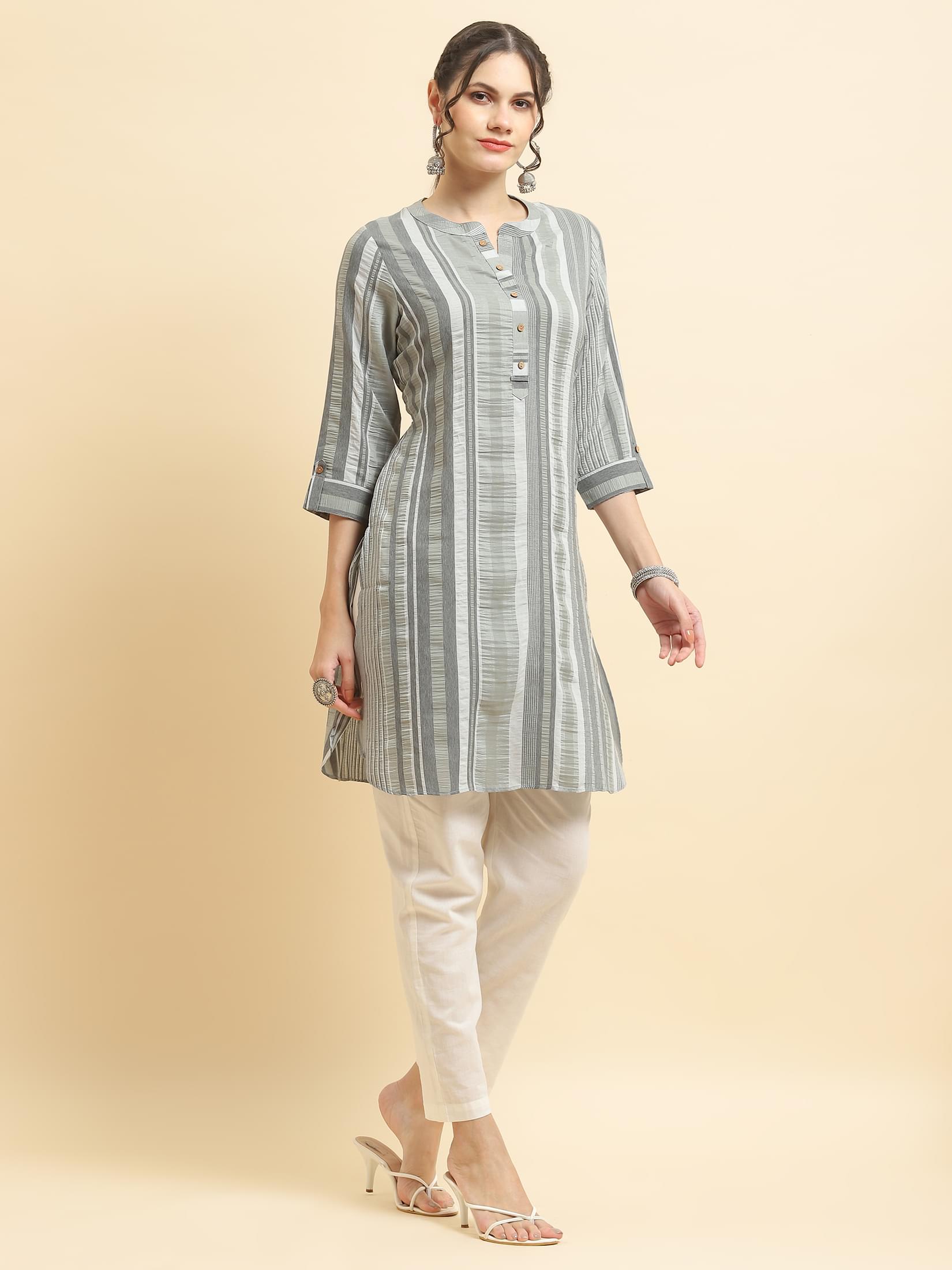 Women Poly Viscose Grey Stripe Print Kurti.