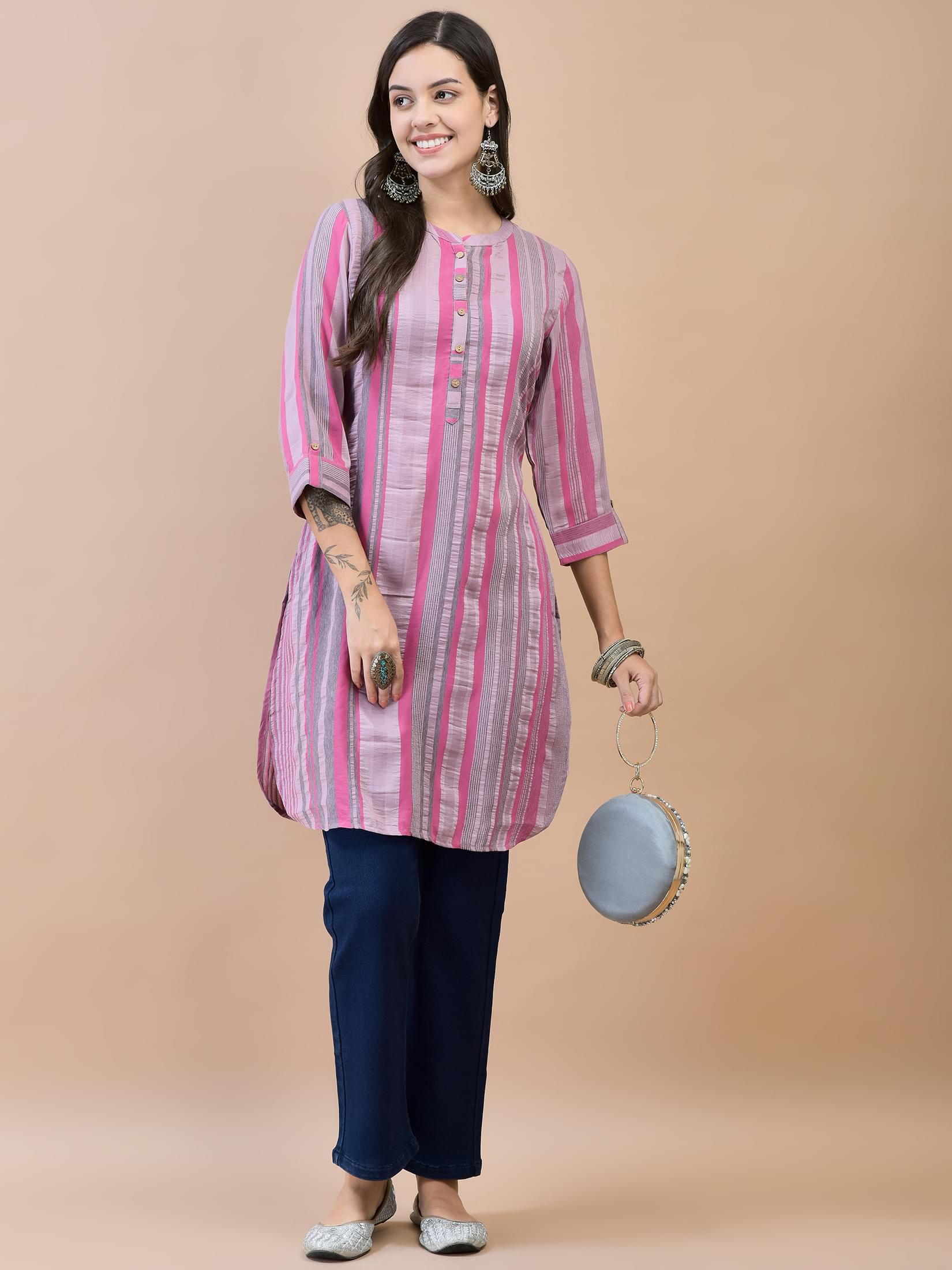 Women Poly Viscose Pink Stripe Print Kurti.