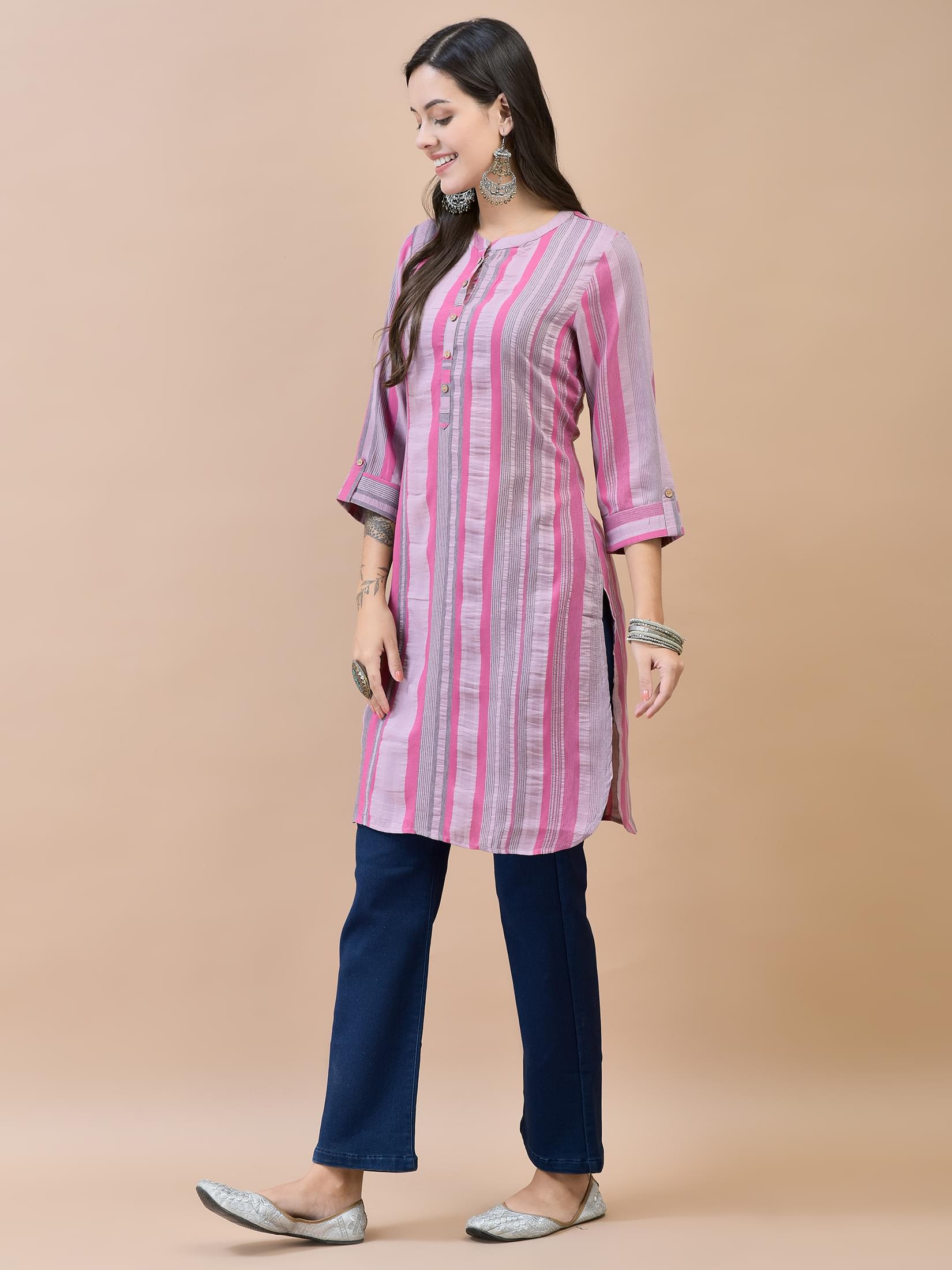 Women Poly Viscose Pink Stripe Print Kurti.
