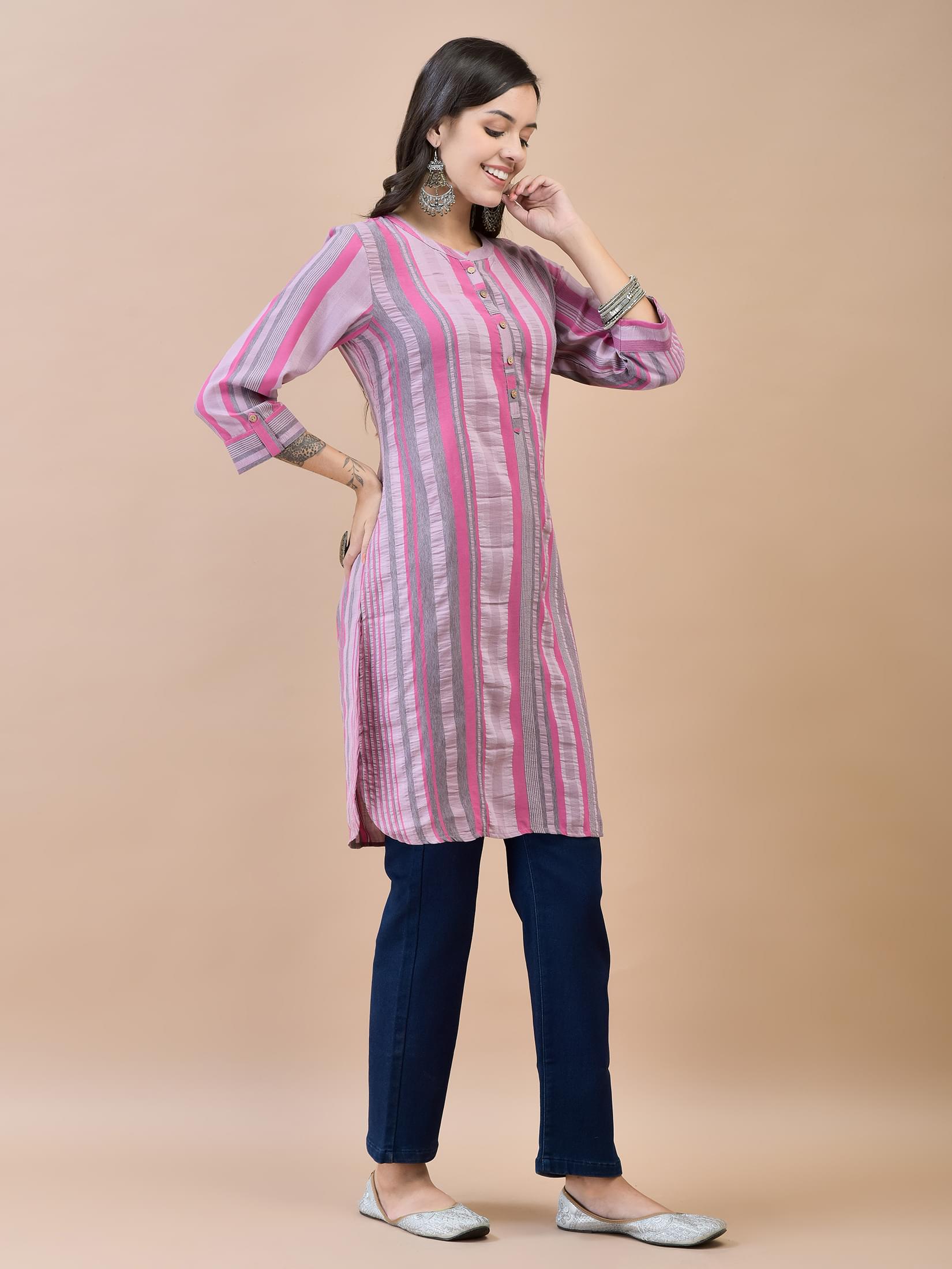 Women Poly Viscose Pink Stripe Print Kurti.