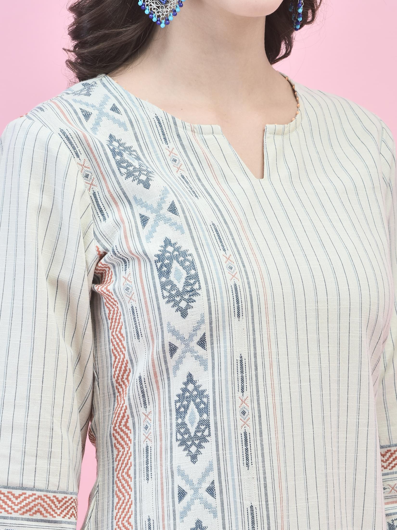Women Cotton Grey Geometric Print Kurta Comfort Pant Dupatta.