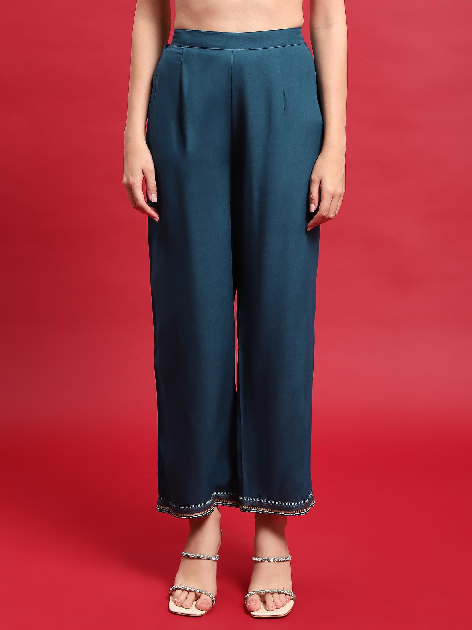 Women Rayon Peacock Blue Kurta With Comfort Pant.