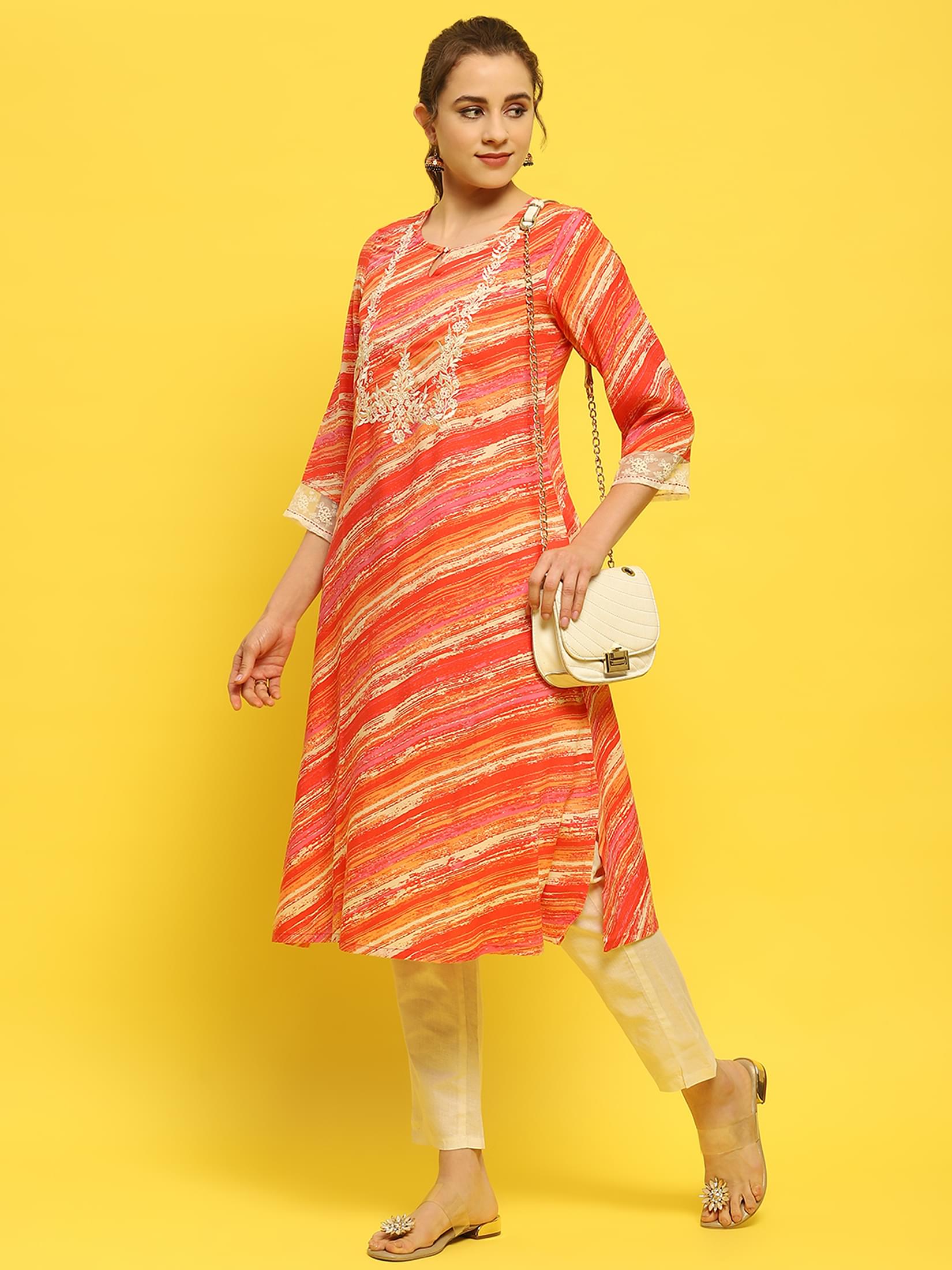 Women Liva Rayon Coral Embroidered Kurta.