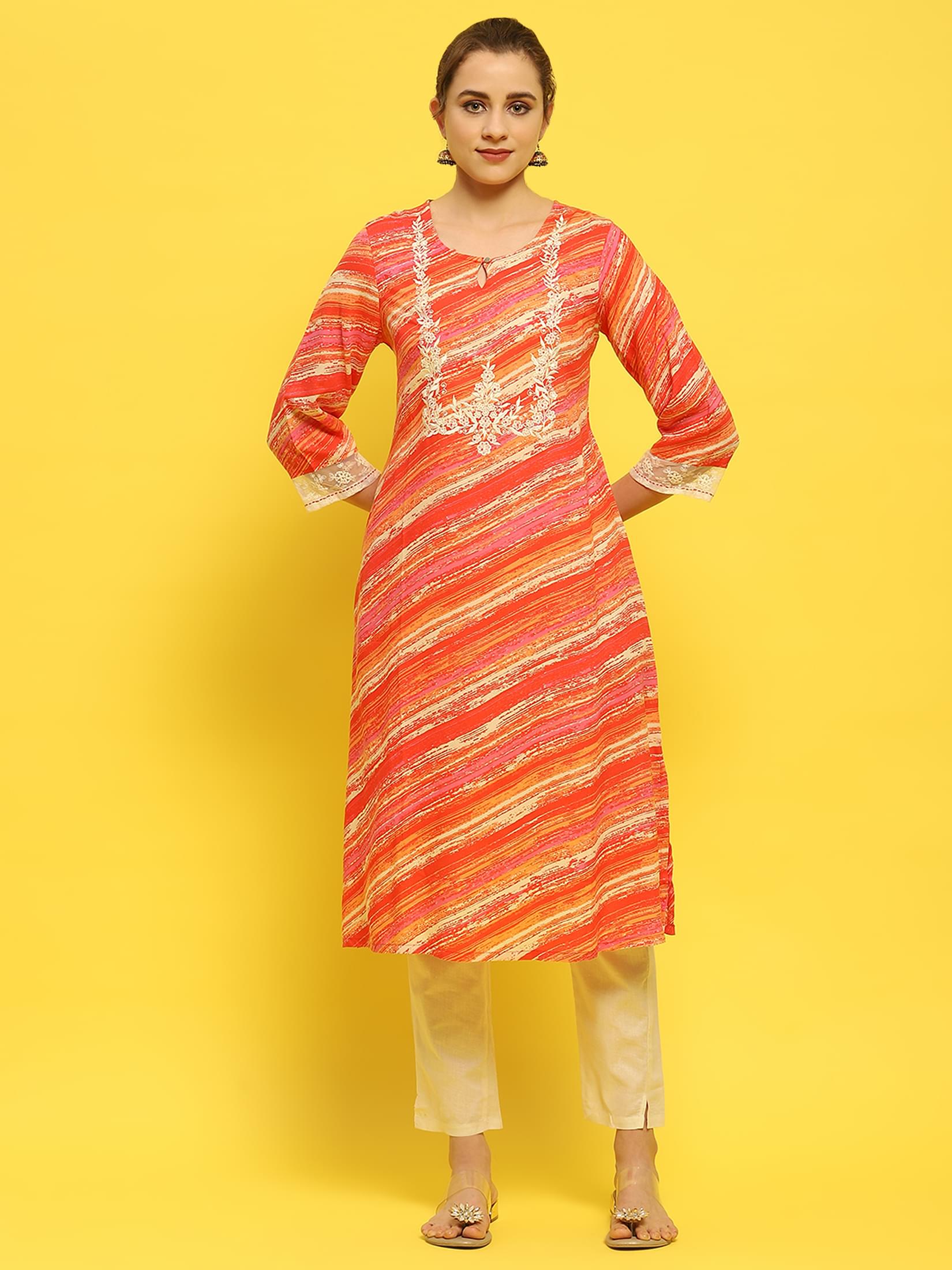 Women Liva Rayon Coral Embroidered Kurta.