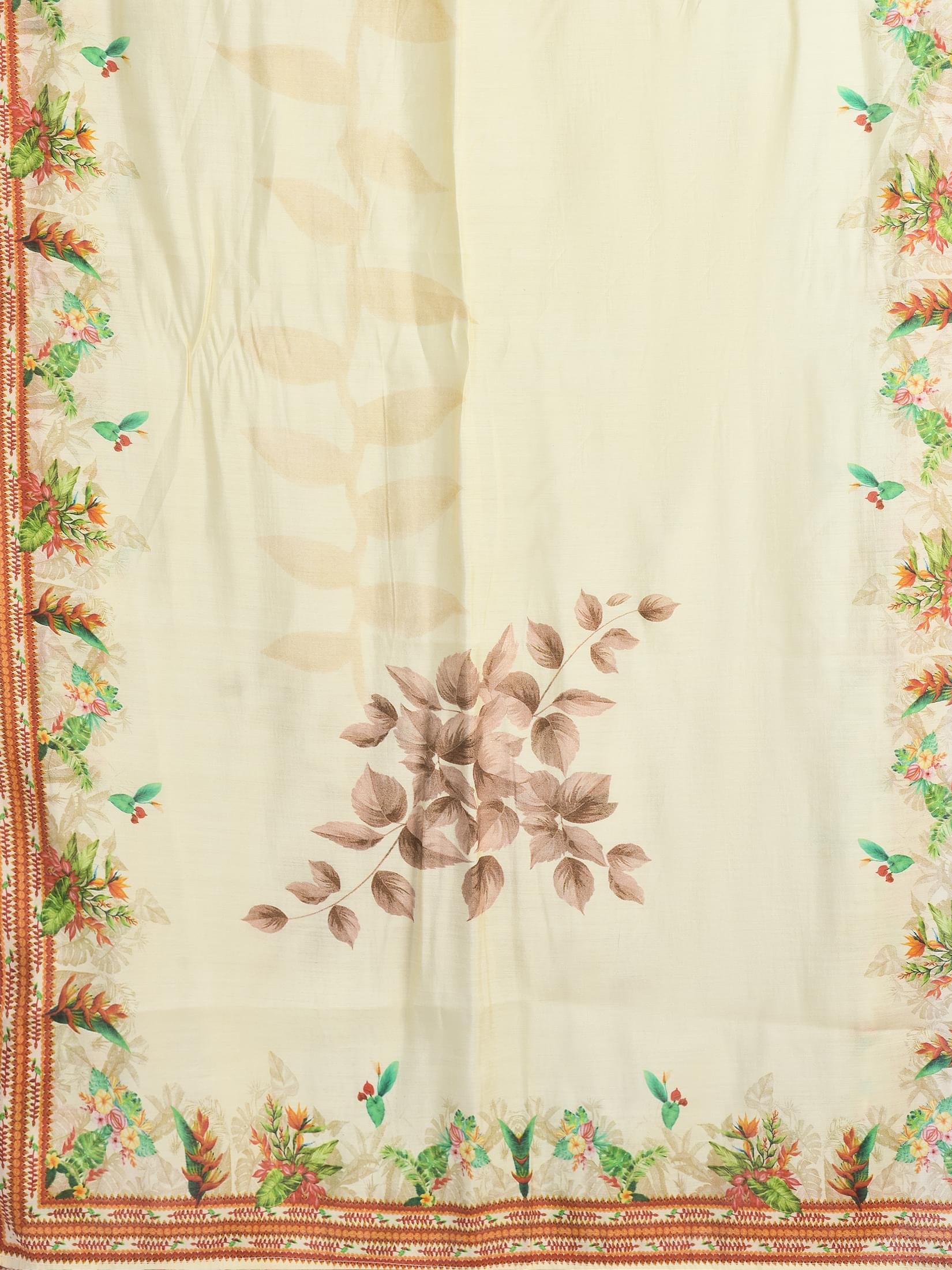 Women Liva Cream Floral Print Kurta Comfort Pant Dupatta.