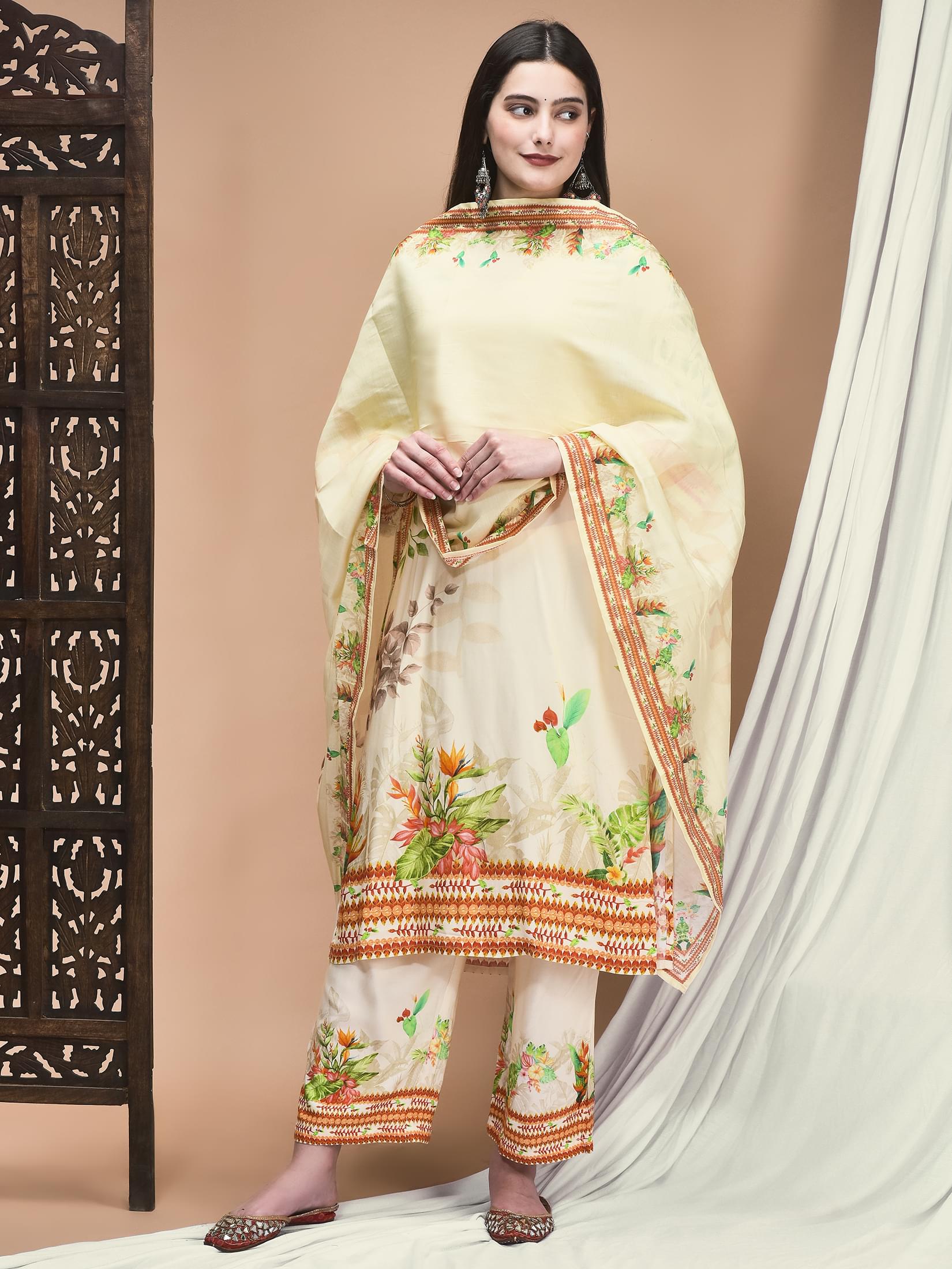 Fresh cream pastel floral layout print Liva fabric relaxed everyday salwar suit