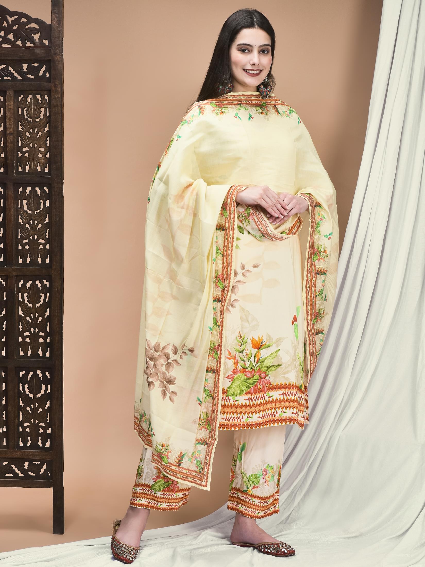 Women Liva Cream Floral Print Kurta Comfort Pant Dupatta.