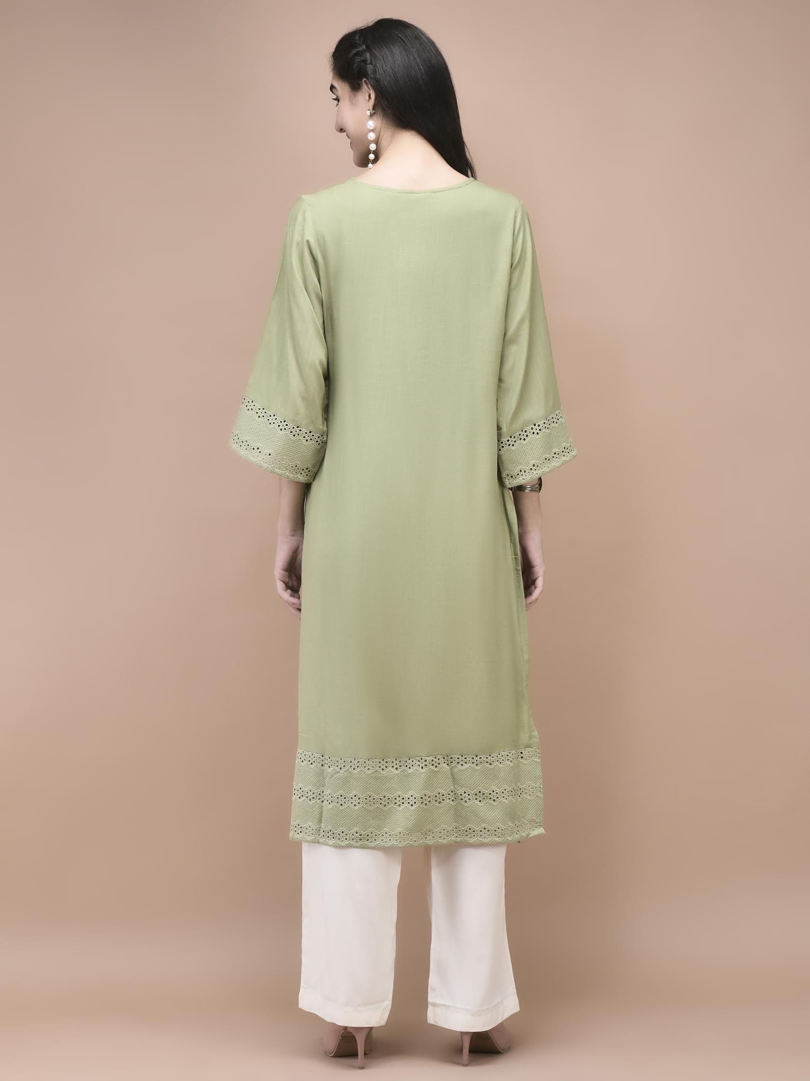 Women Liva Green Embroidered Kurta.