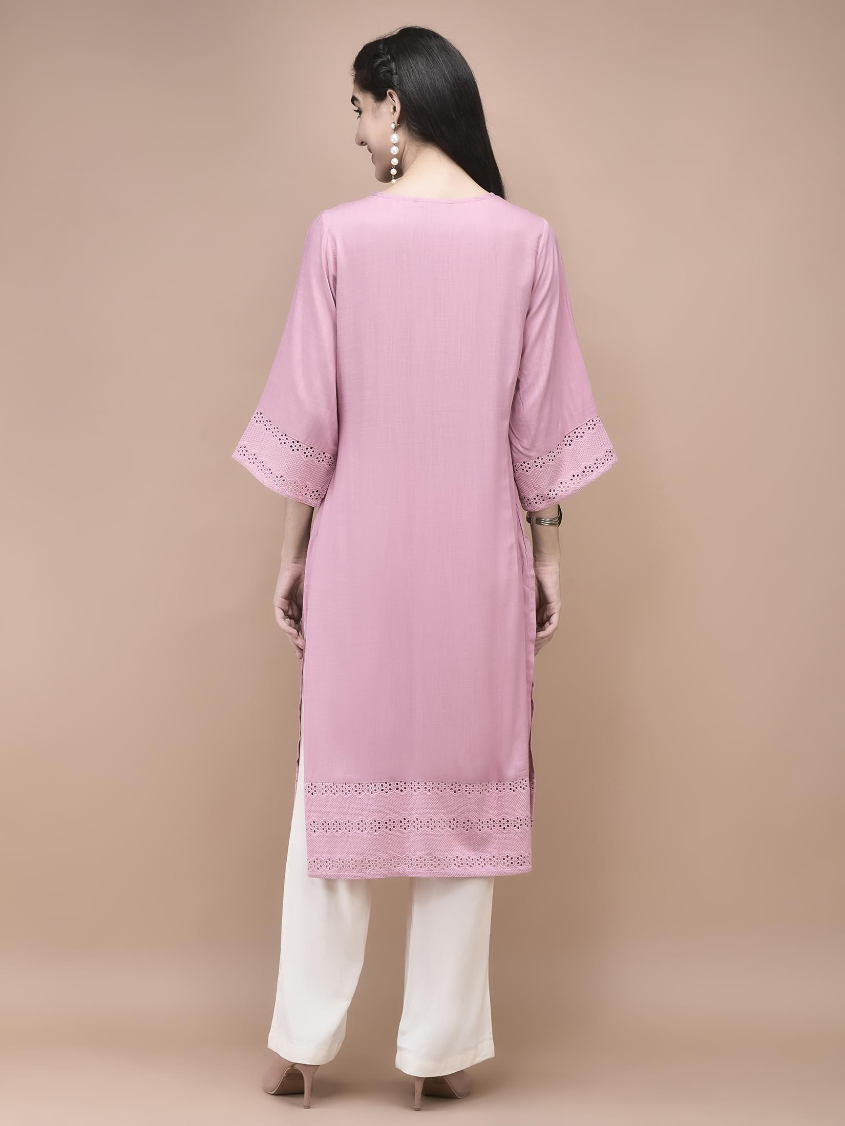 Women Liva Pink Embroidered Kurta.
