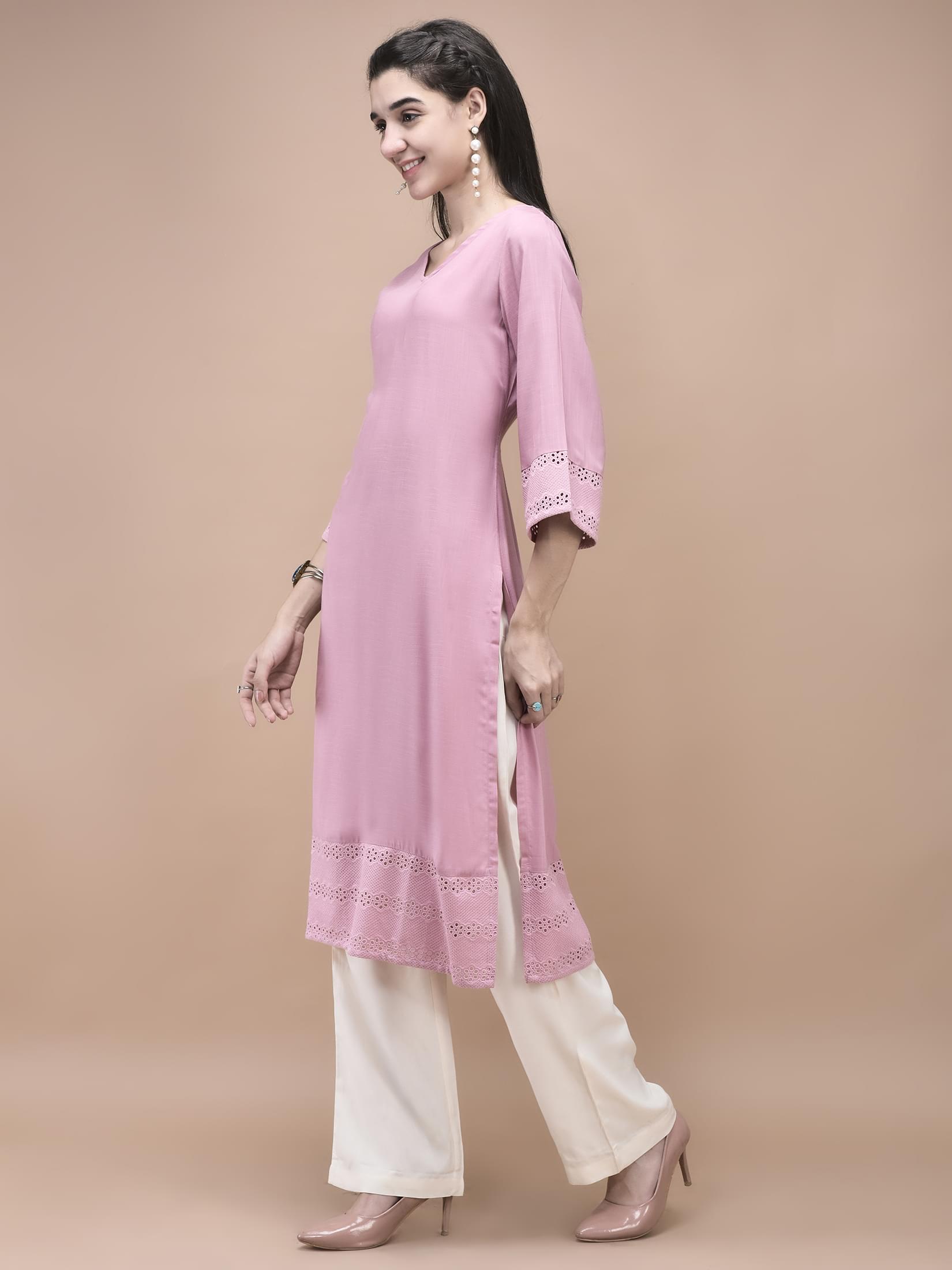 Women Liva Pink Embroidered Kurta.
