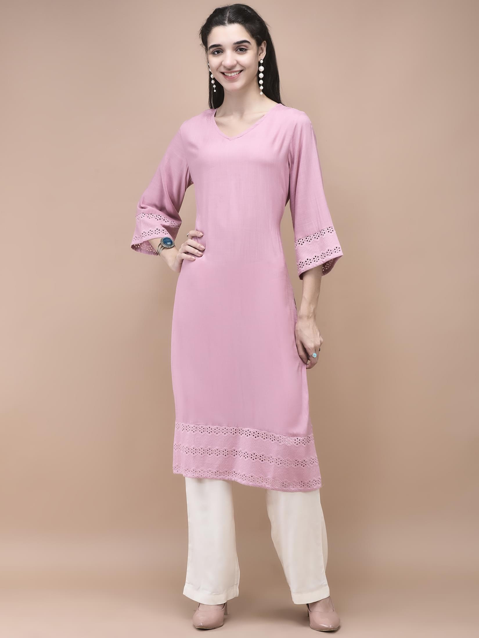 Blush pink detailed embroidery Liva fabric traditional everyday wear kurta