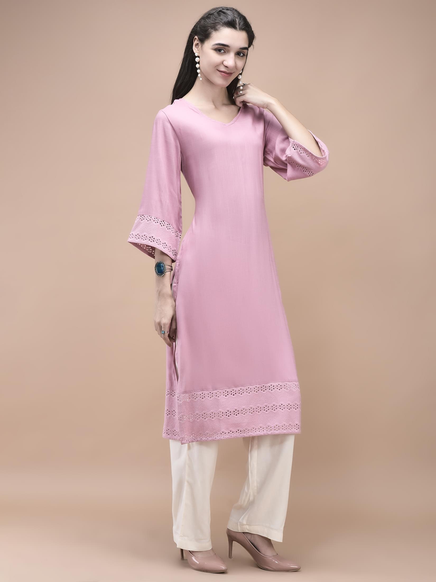 Women Liva Pink Embroidered Kurta.
