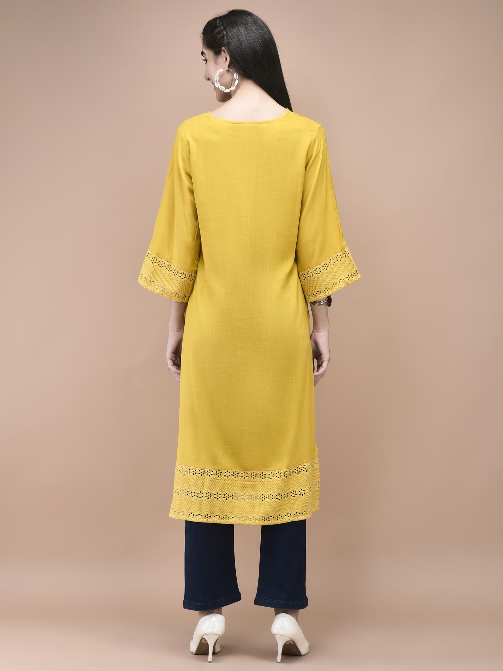 Women Liva Mustard Embroidered Kurta.