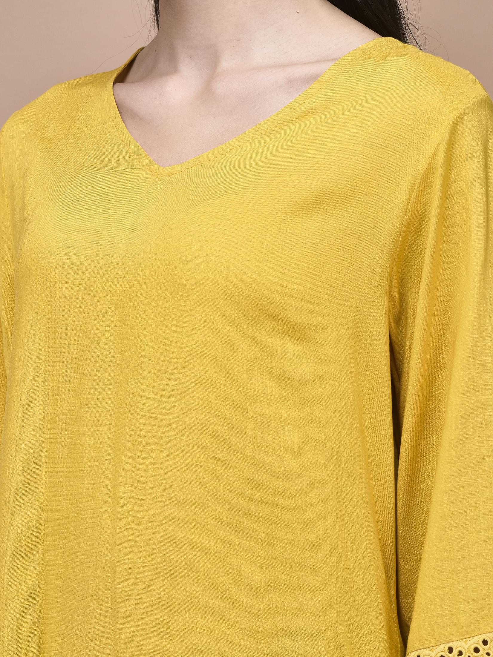 Women Liva Mustard Embroidered Kurta.