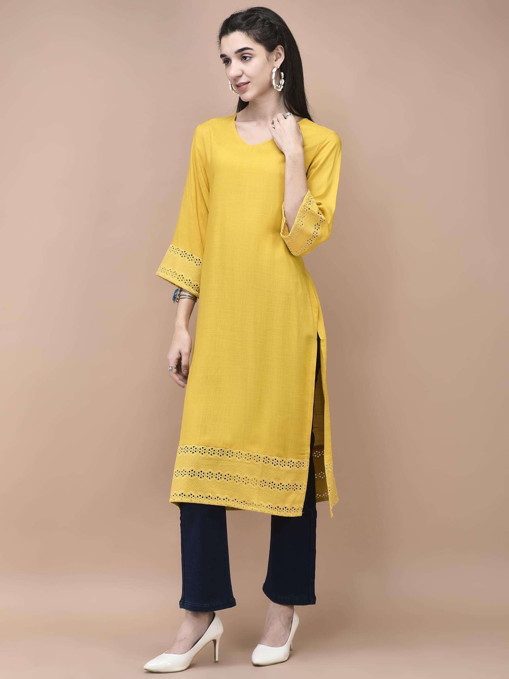 Women Liva Mustard Embroidered Kurta.