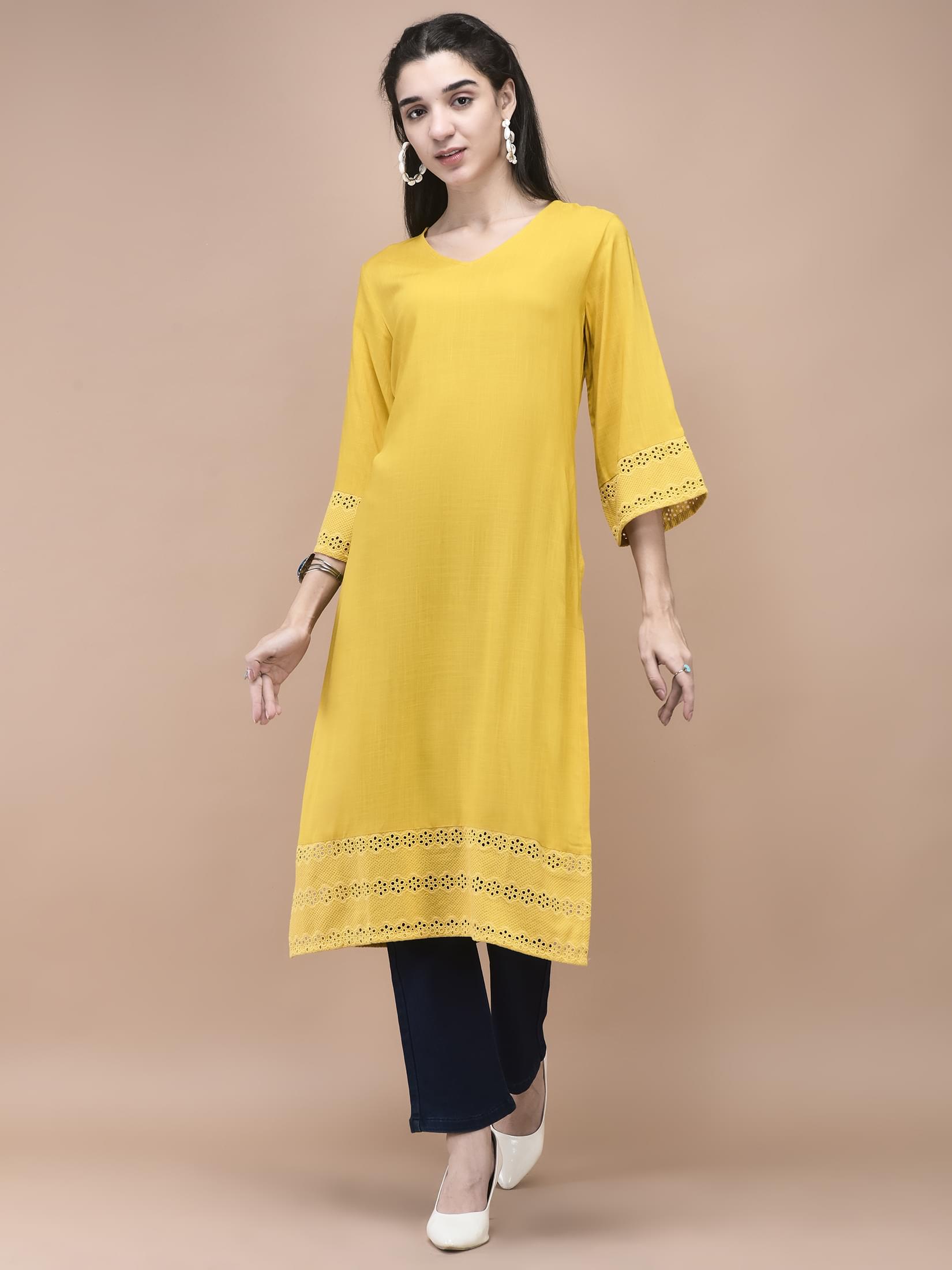 Women Liva Mustard Embroidered Kurta.