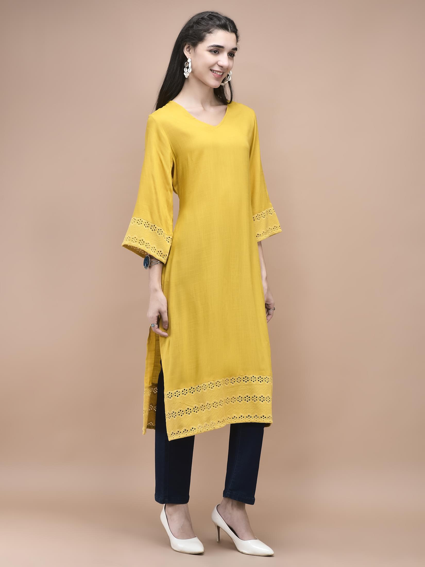 Women Liva Mustard Embroidered Kurta.