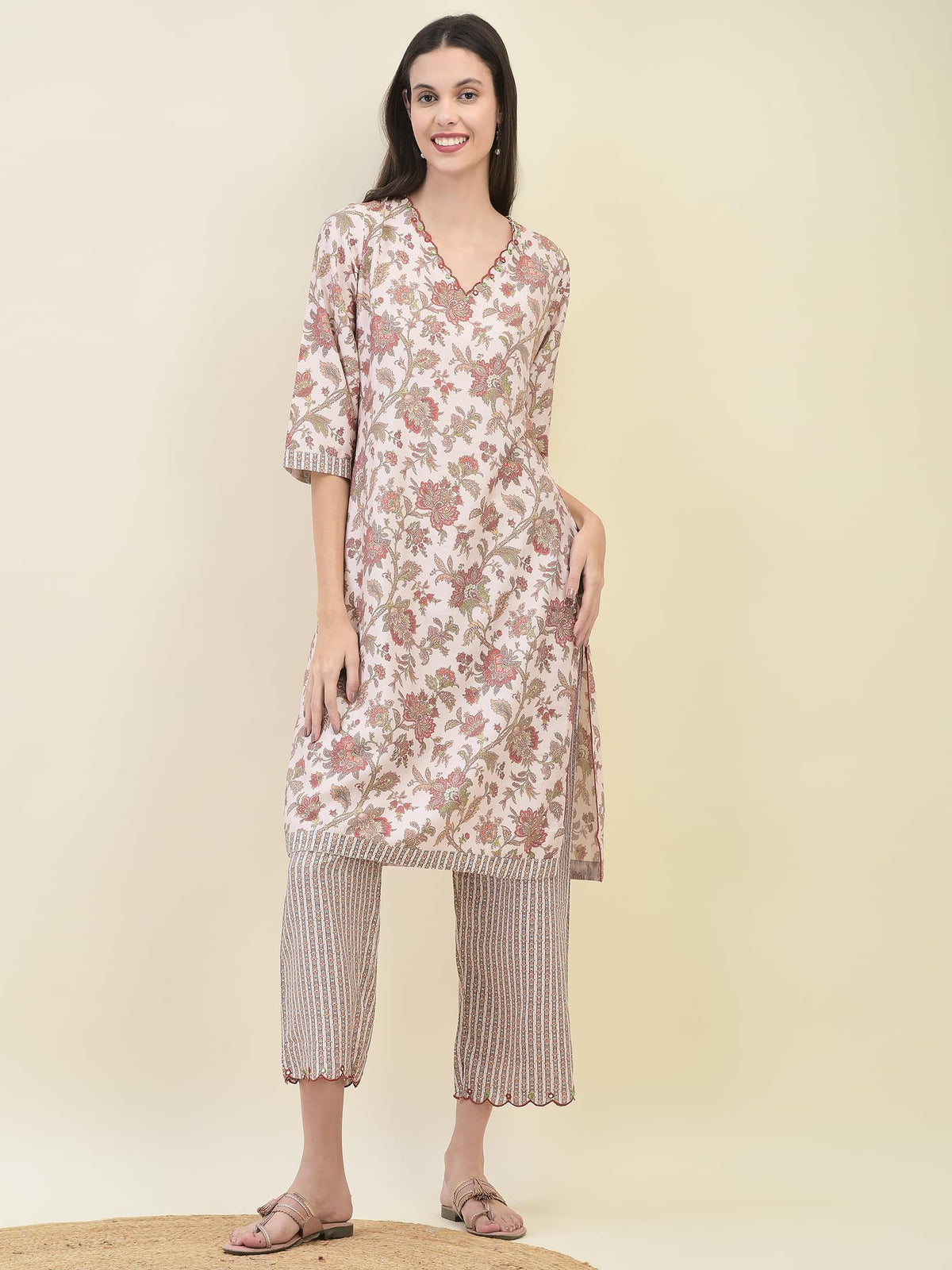 Women Viscose Peach Ornamental Print Kurta Comfort Pant Dupatta.