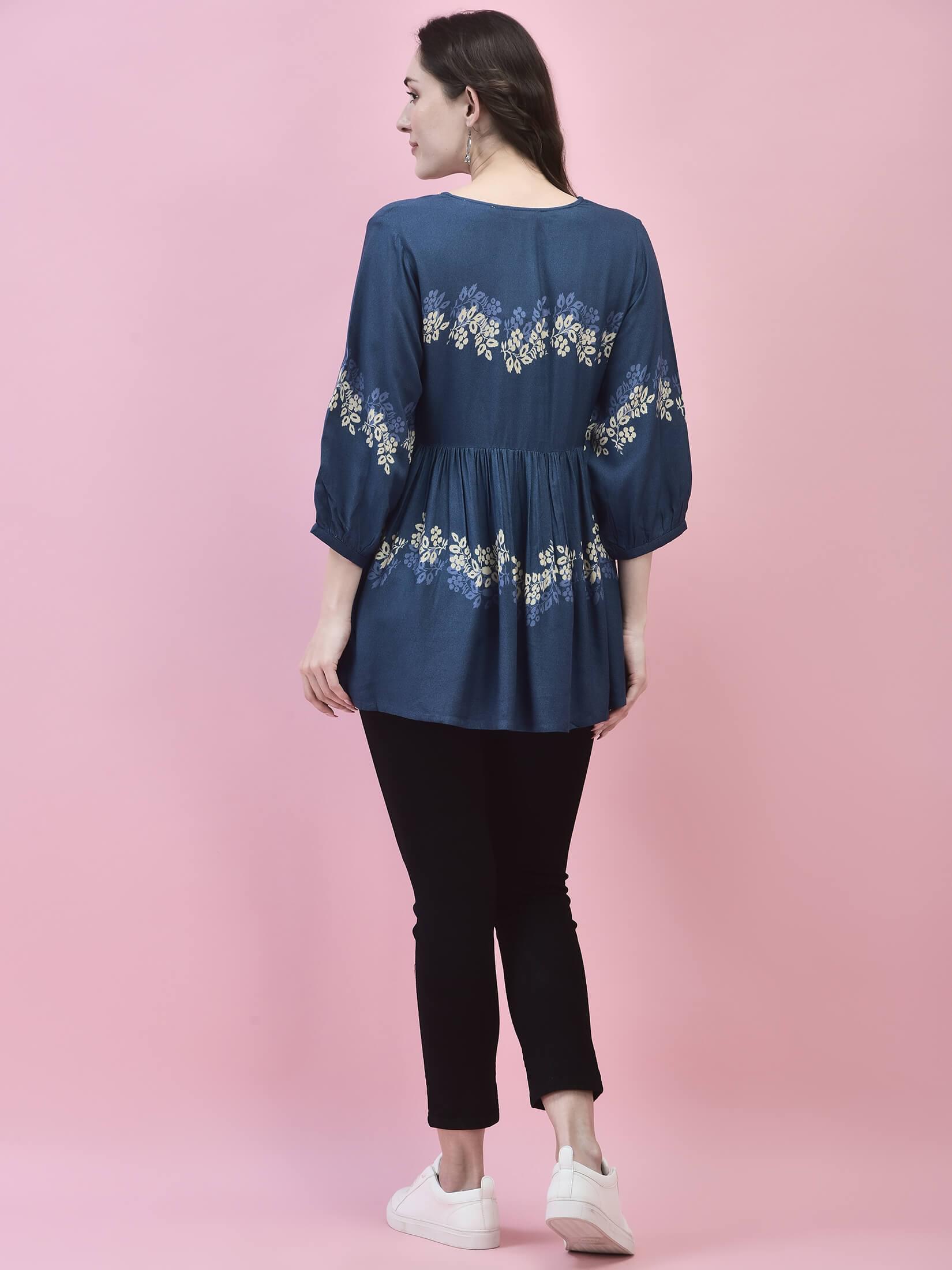 Women Liva Rayon Blue Floral Print Tunic.