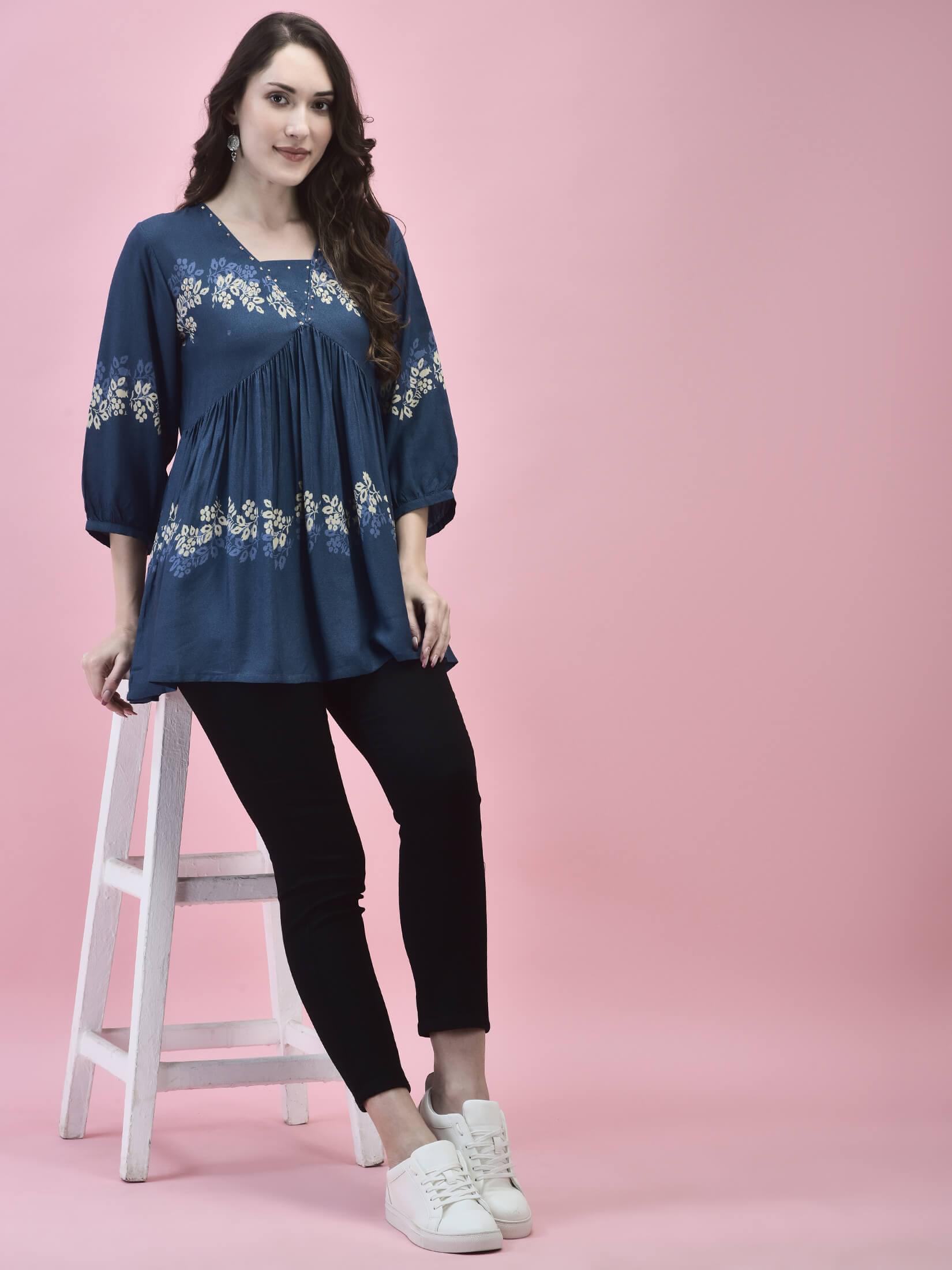 Women Liva Rayon Blue Floral Print Tunic.