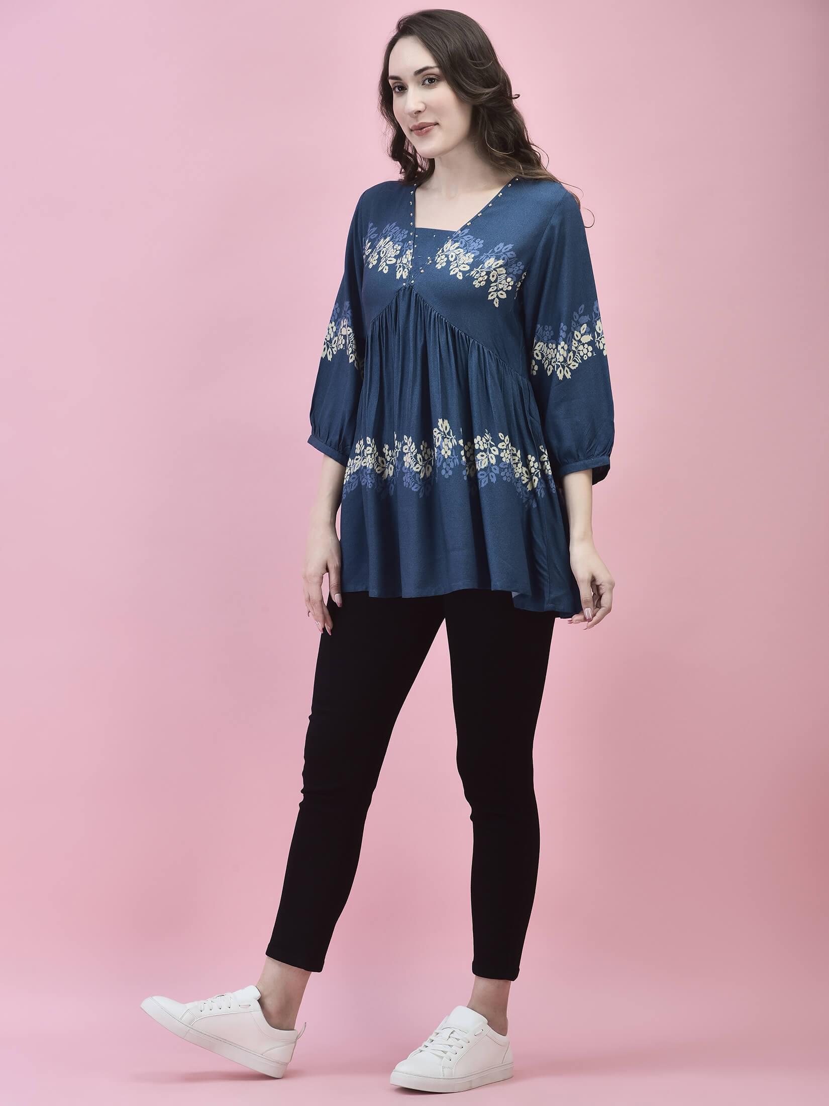Women Liva Rayon Blue Floral Print Tunic.