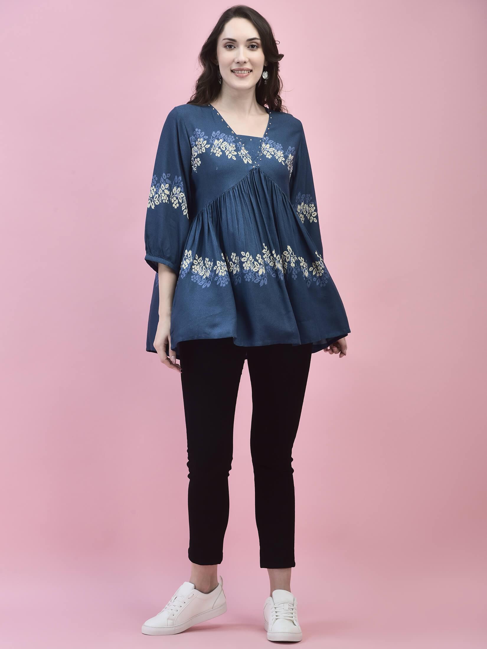 Women Liva Rayon Blue Floral Print Tunic.