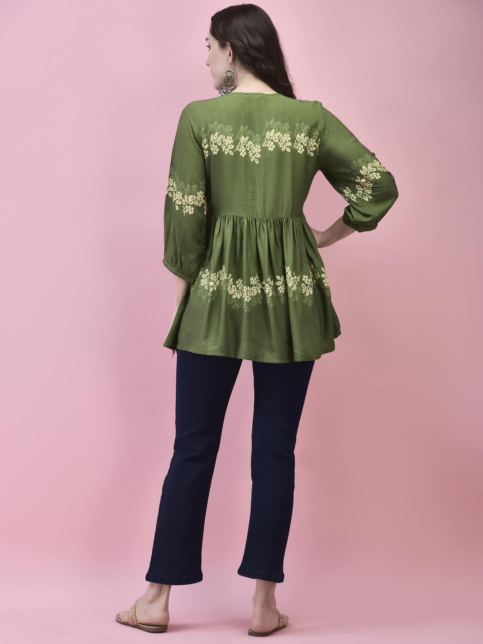 Women Liva Rayon Olive Floral Print Tunic.