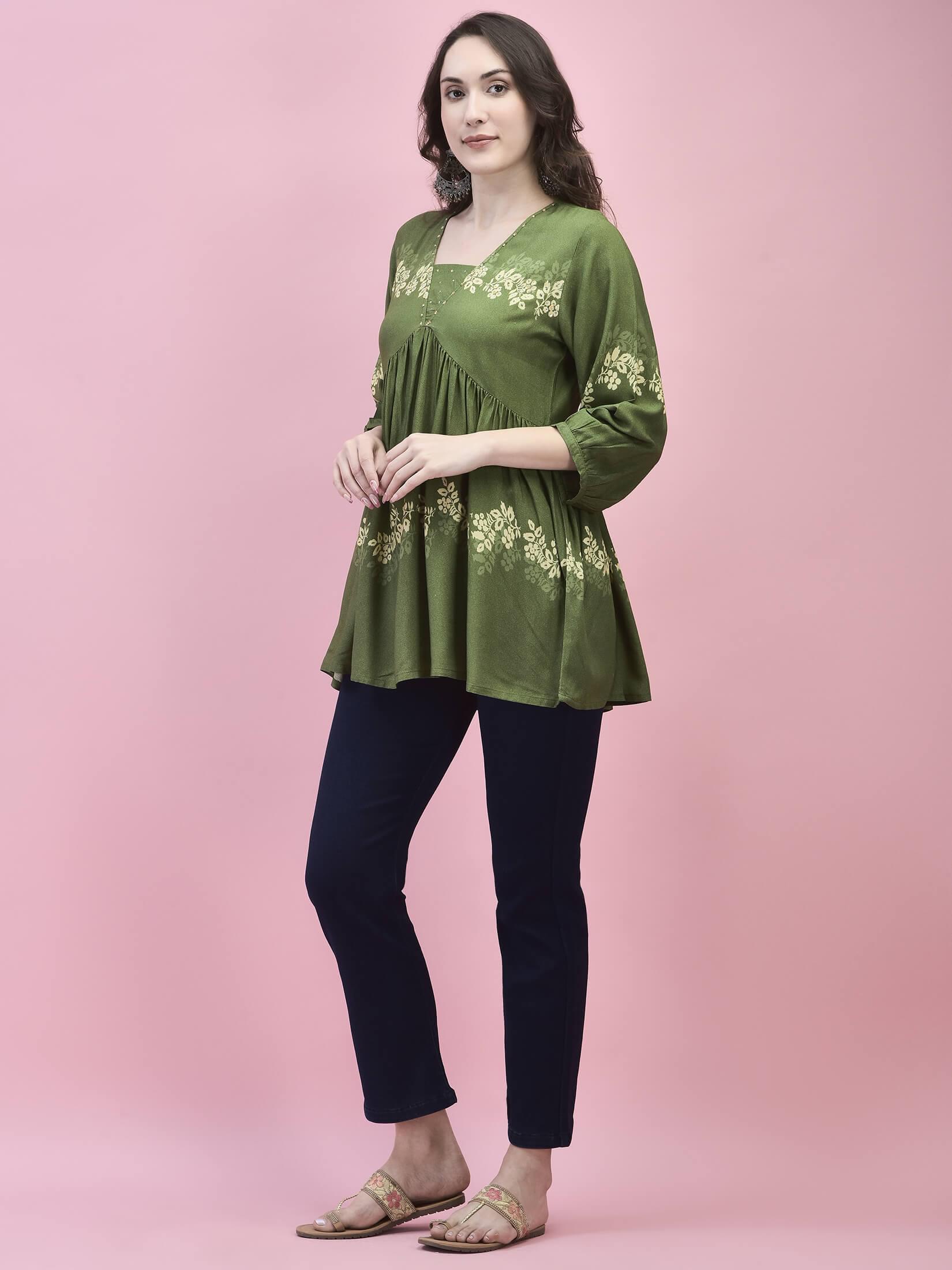 Women Liva Rayon Olive Floral Print Tunic.