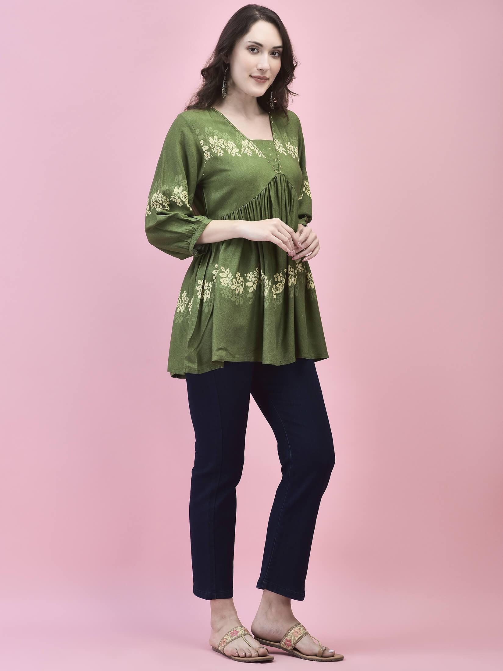 Women Liva Rayon Olive Floral Print Tunic.