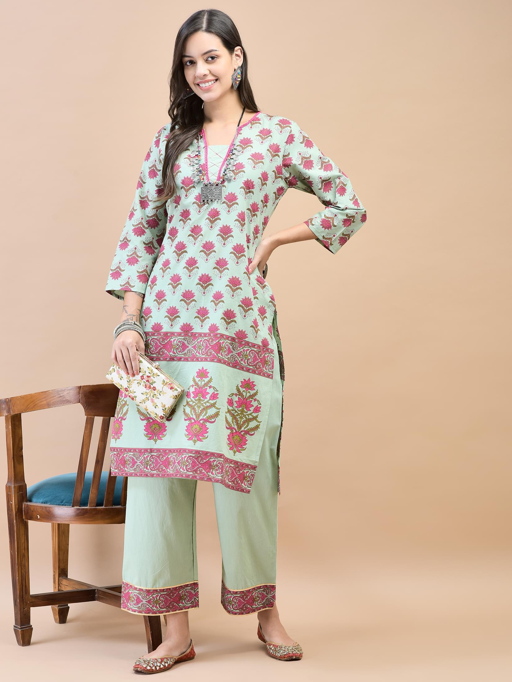 Leaf green geometric ornamental print pure cotton daytime wear straight kurta set