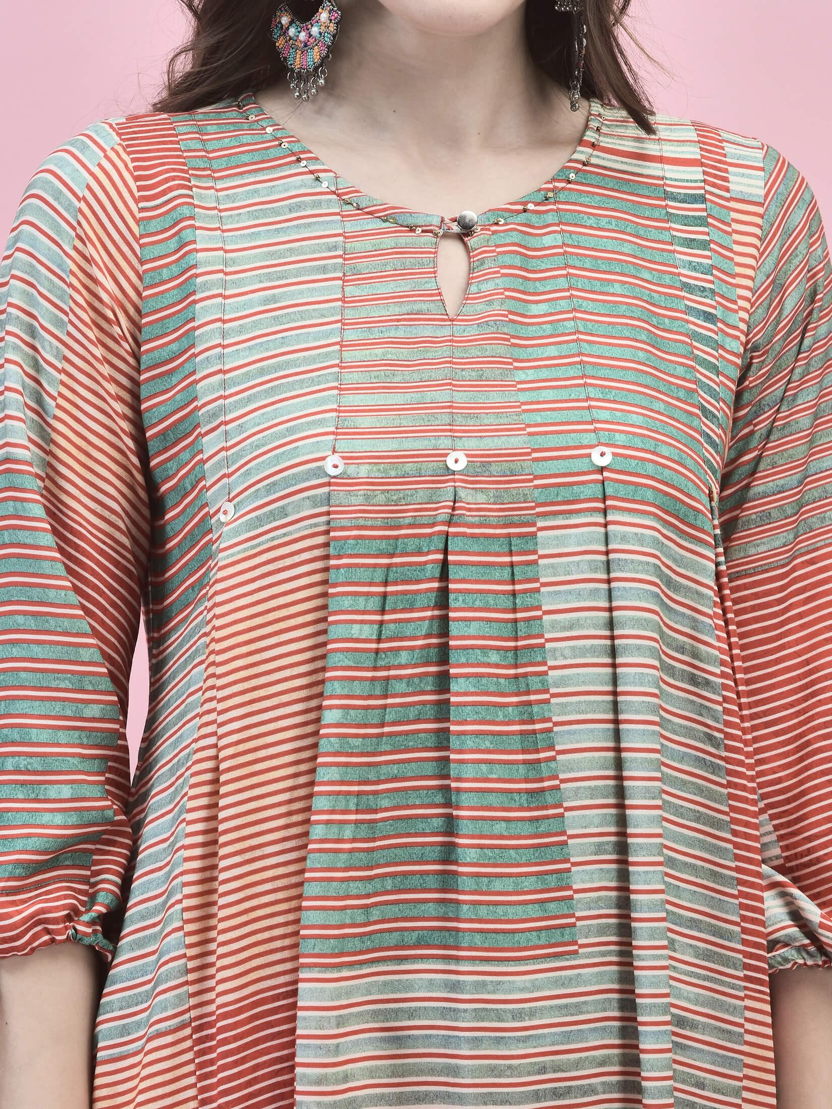 Women Rayon Rust Multi Kurta With Comfort Pant.