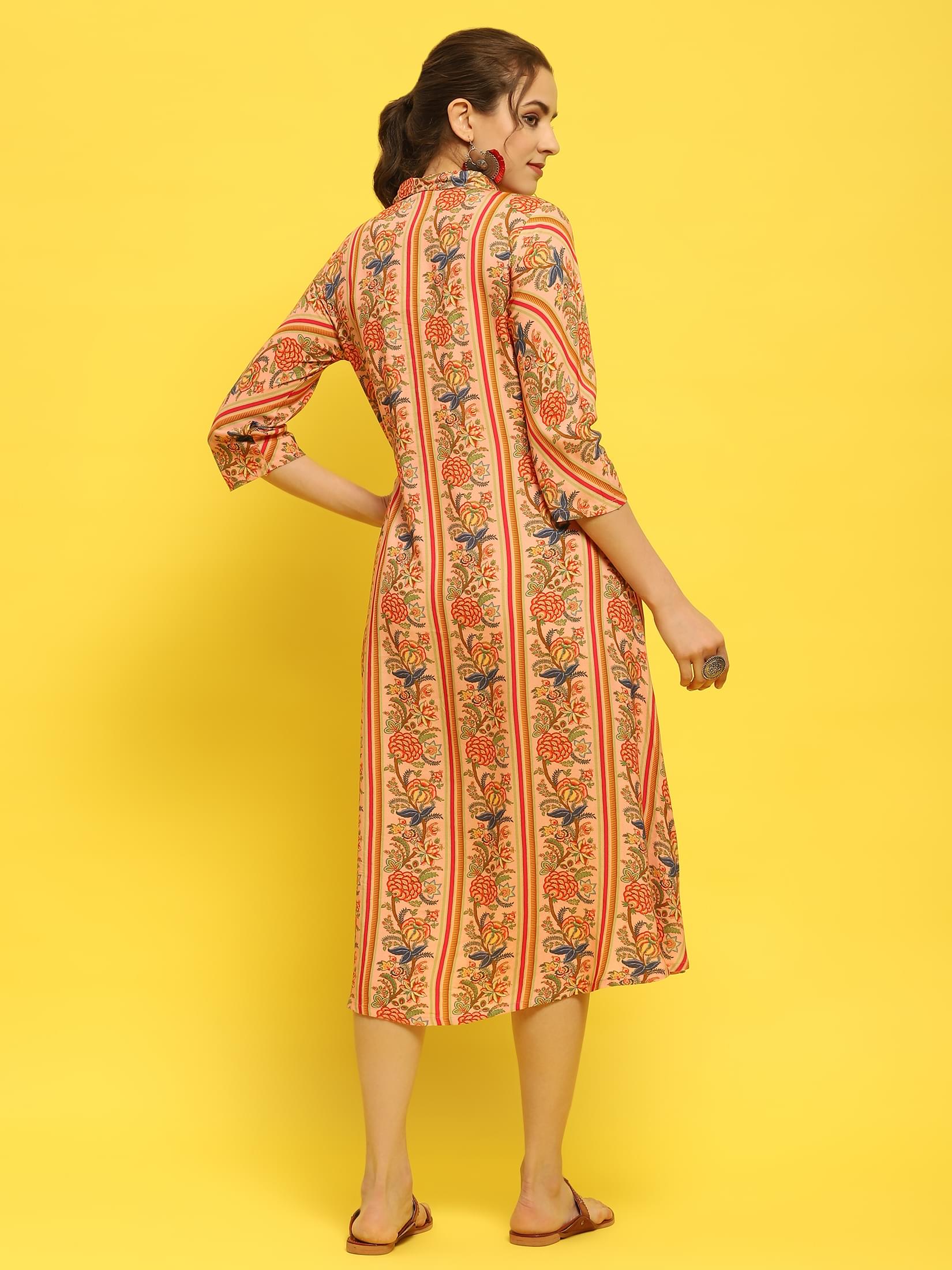 Women Liva Rayon Peach Floral Print Dress.