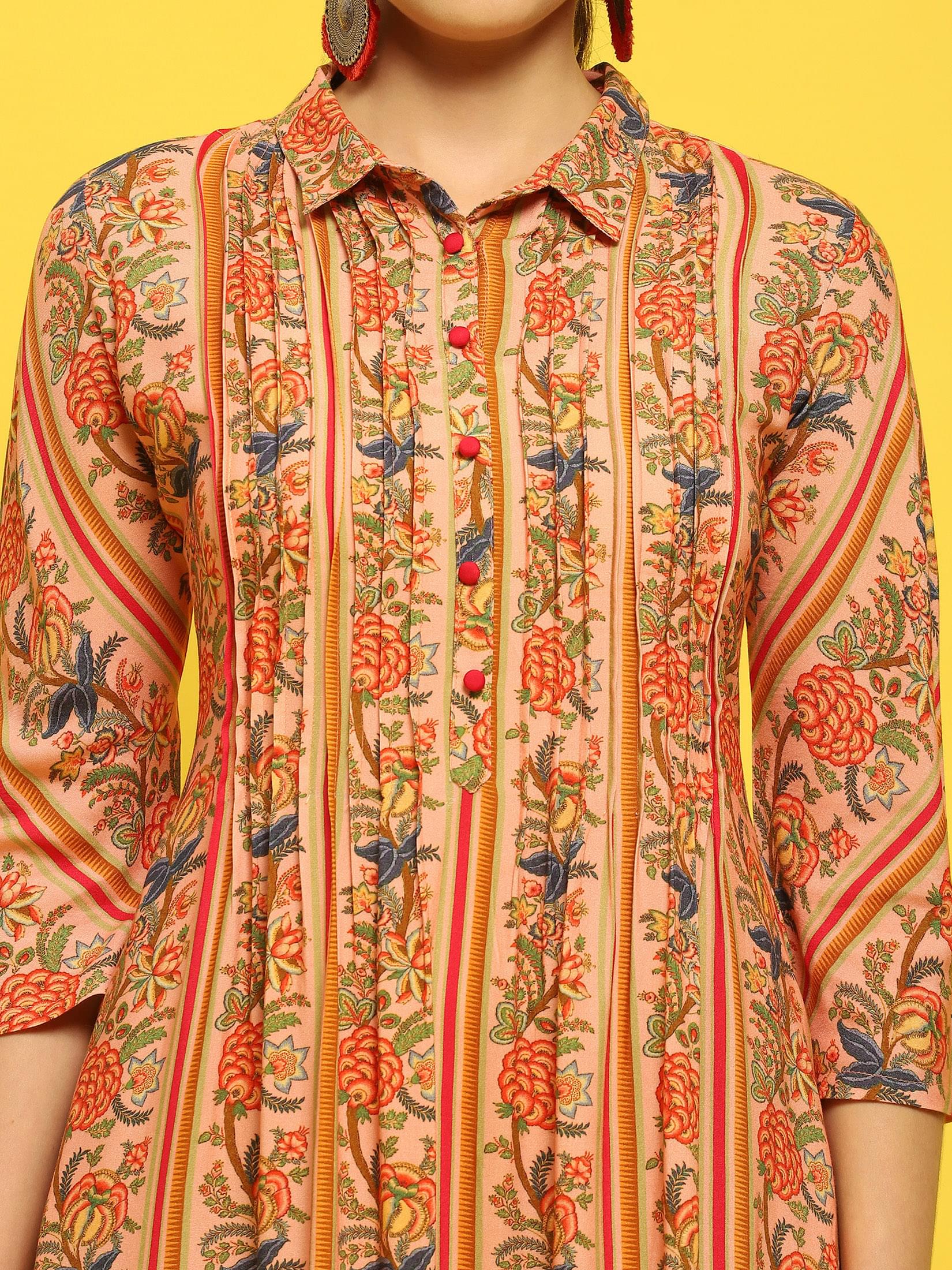 Women Liva Rayon Peach Floral Print Dress.