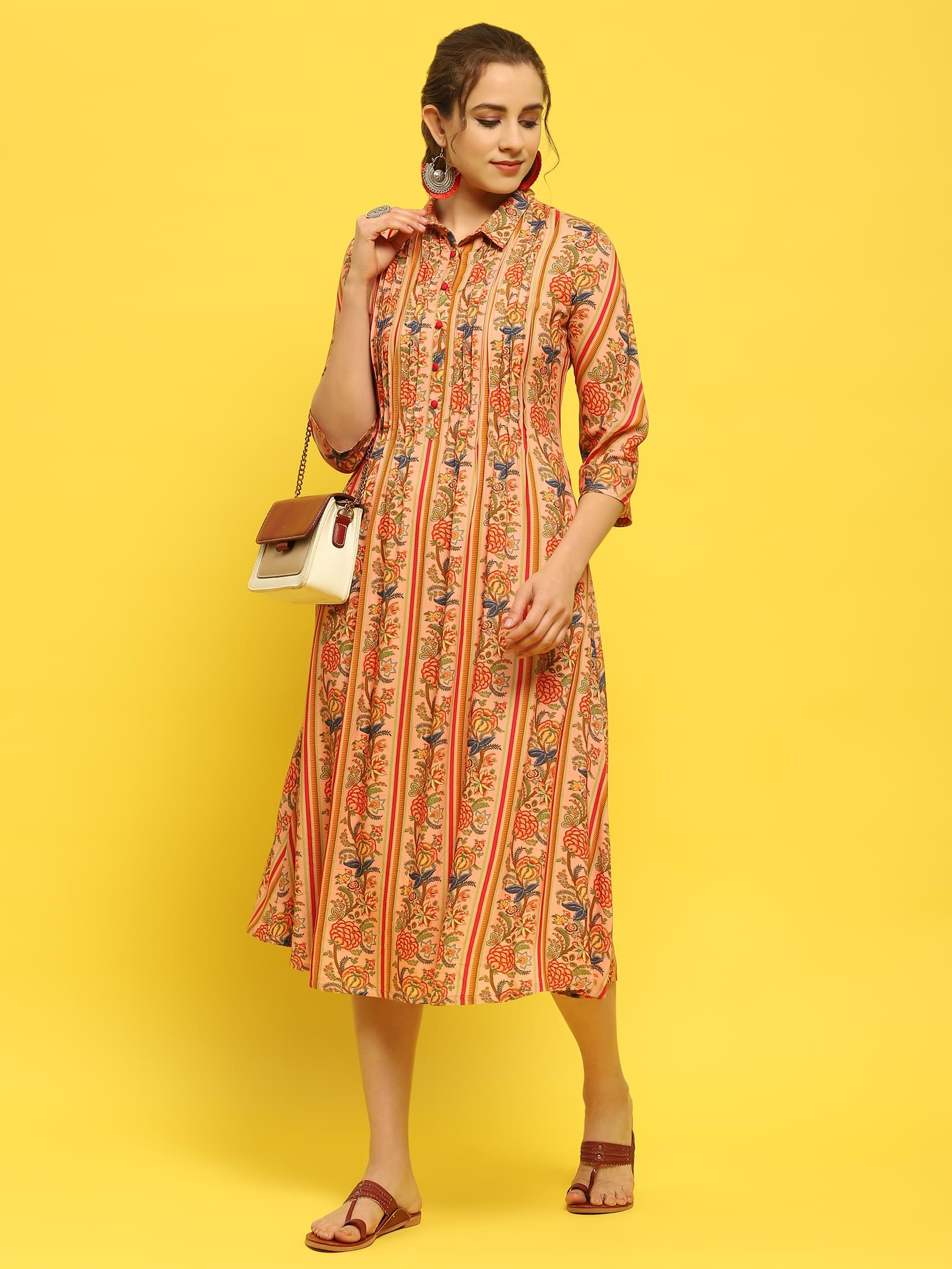 Women Liva Rayon Peach Floral Print Dress.