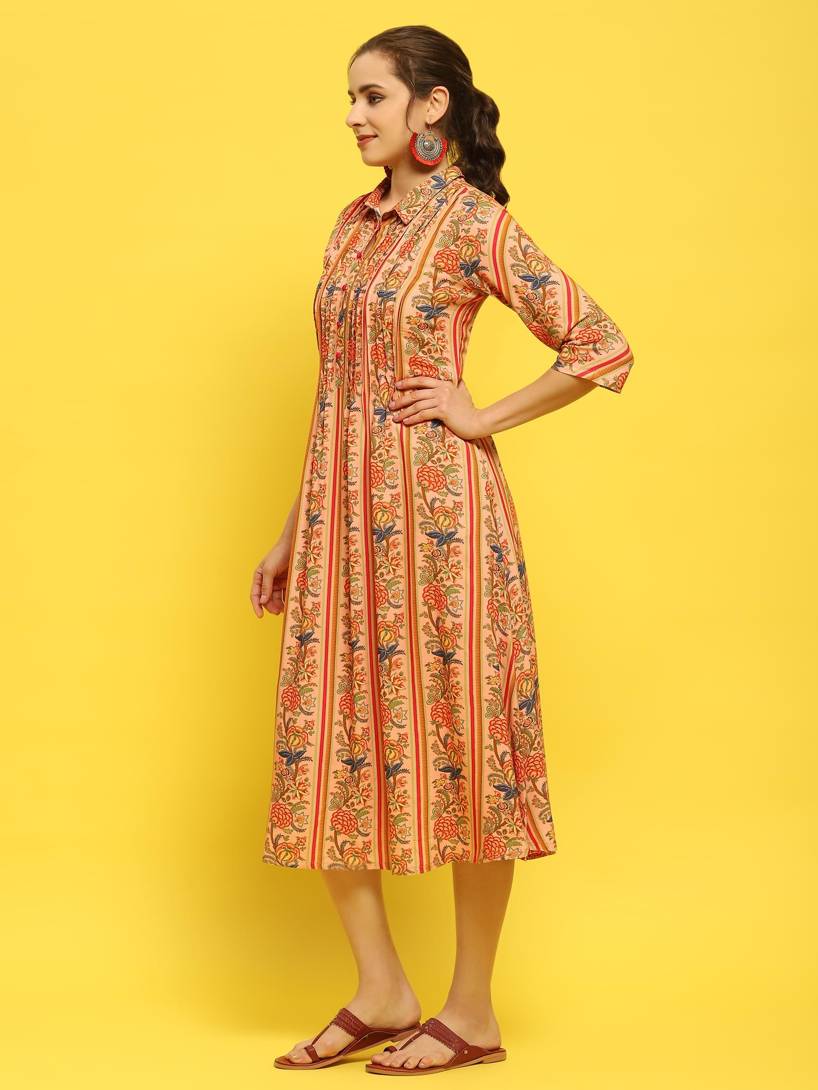 Women Liva Rayon Peach Floral Print Dress.