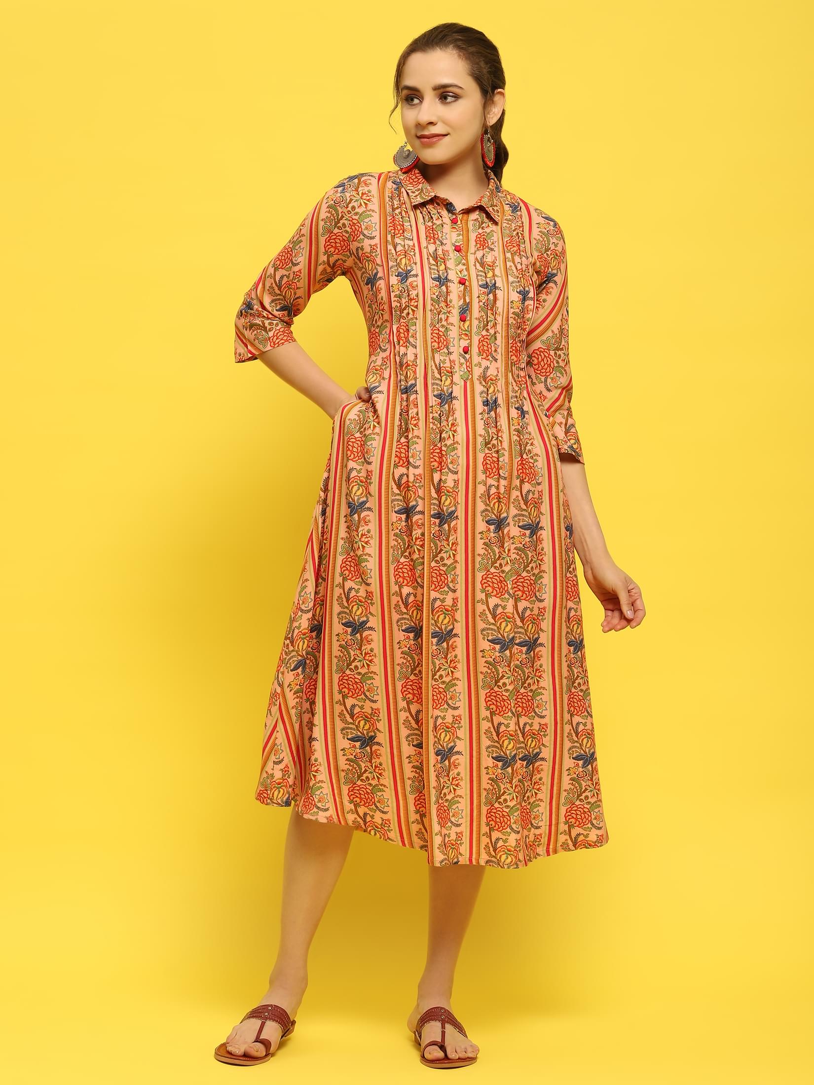 Women Liva Rayon Peach Floral Print Dress.