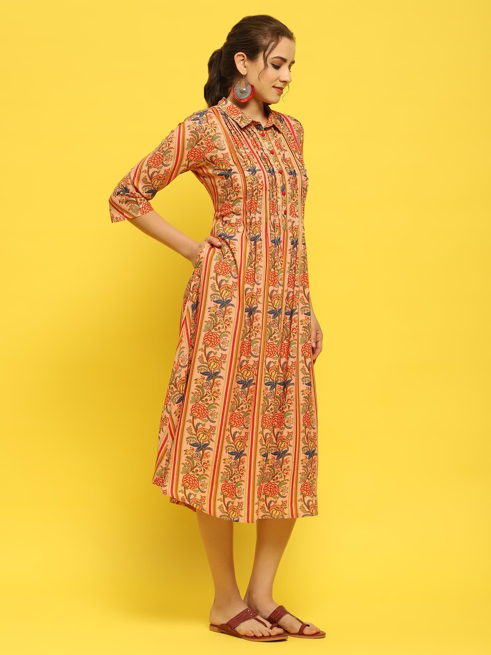 Women Liva Rayon Peach Floral Print Dress.
