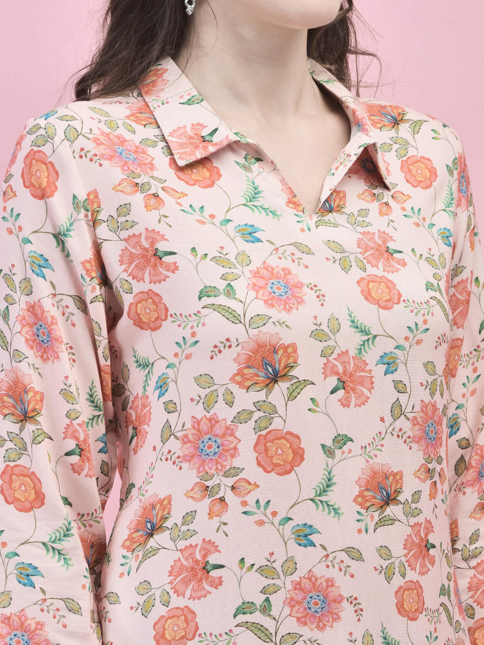 Women Liva Rayon Pink Floral Print Short Kurti.