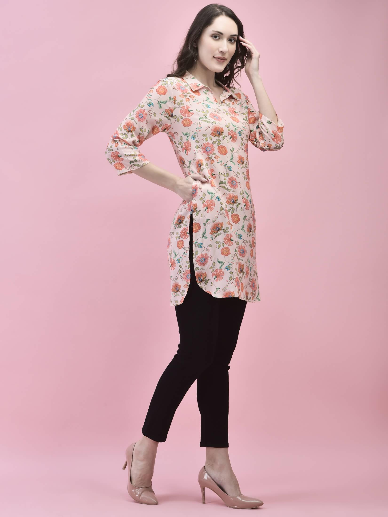 Women Liva Rayon Pink Floral Print Short Kurti.