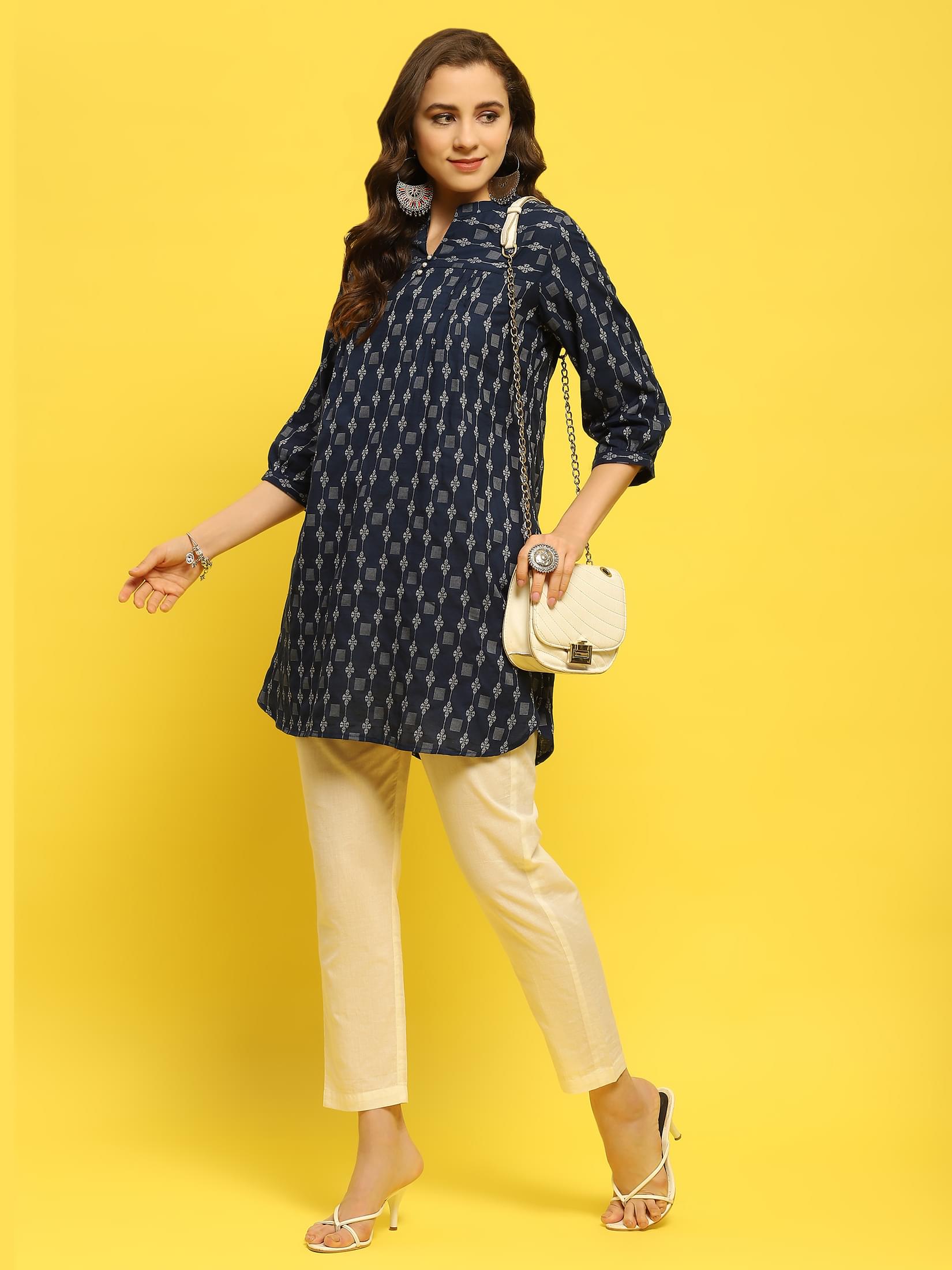 Women Cotton Indigo Yarn Dyed Kurti.