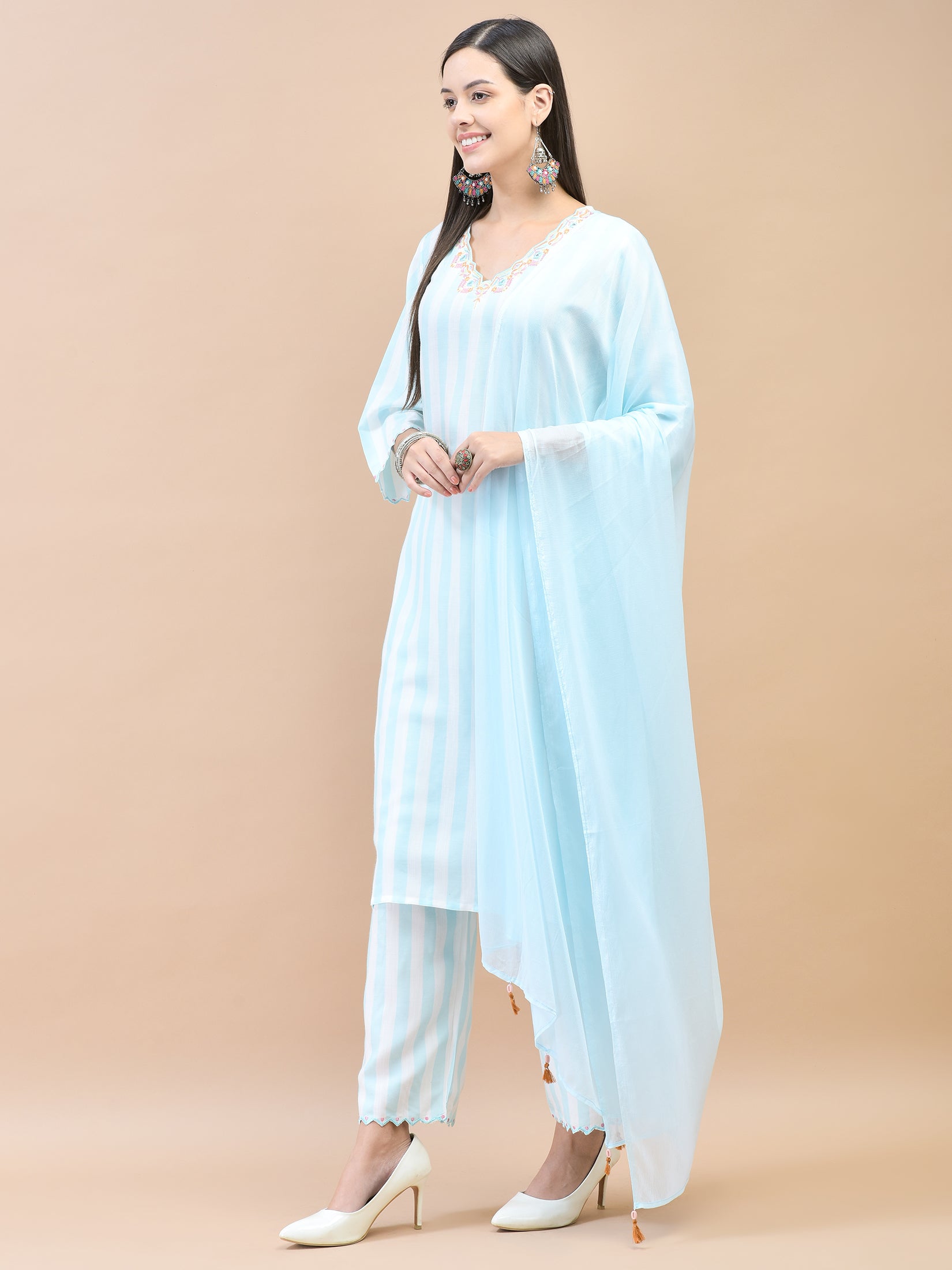 Women Poly Viscose Blue Embroidered Kurta Comfort Pant Dupatta.