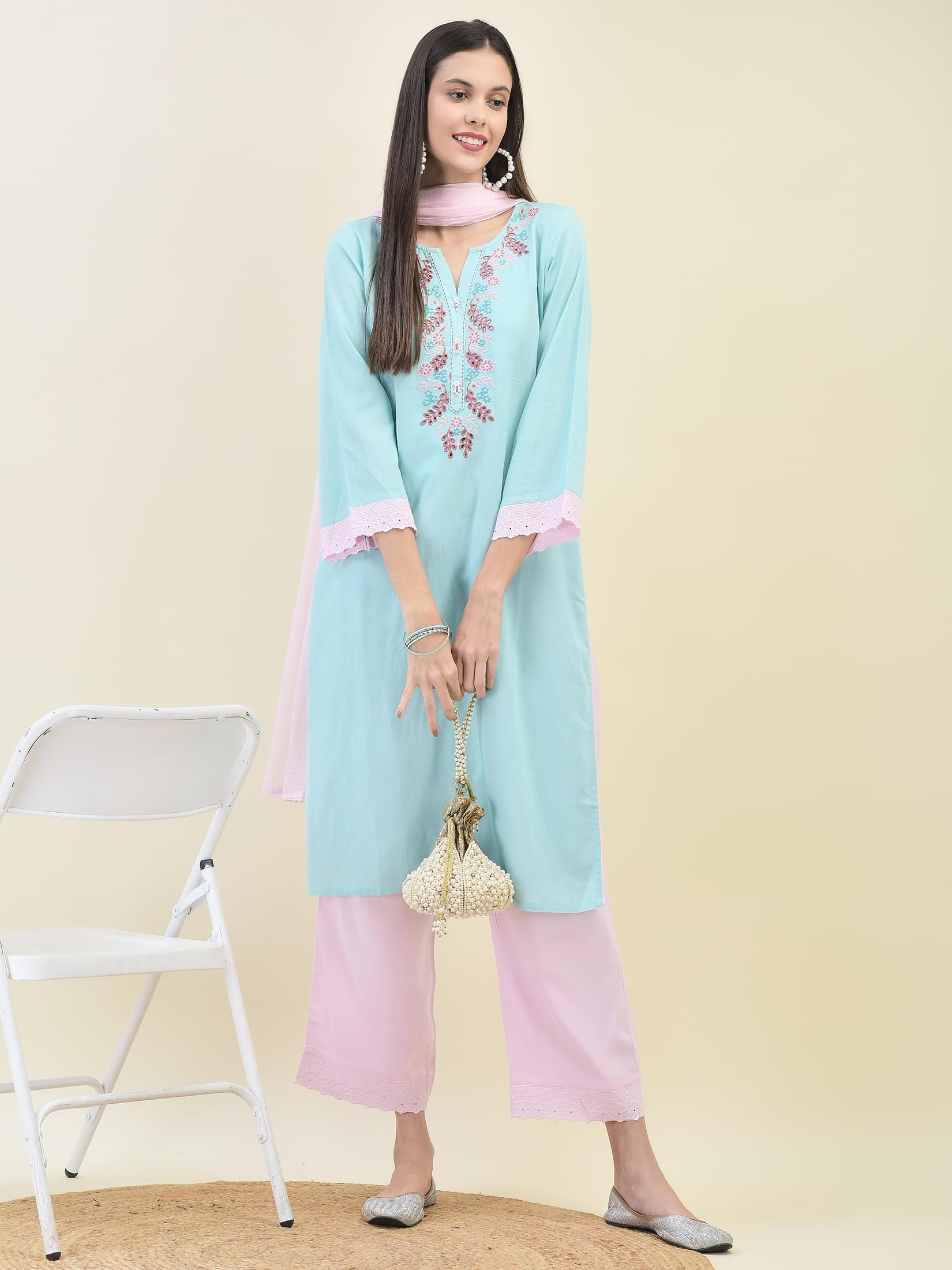 Serene sky blue solid tone Liva rayon comfort fit everyday basic dupatta suit