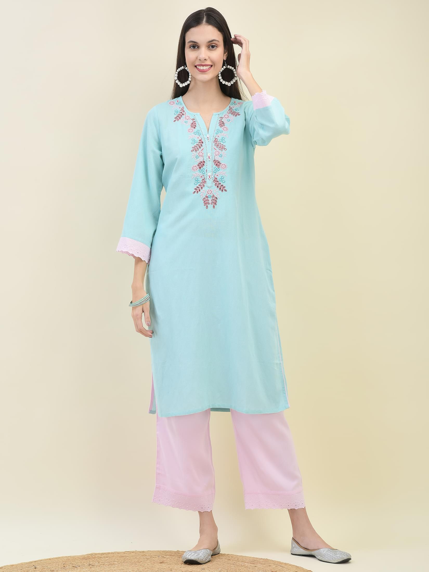 Women Sky Blue Liva Rayon Kurta Comfort Pant Dupatta.