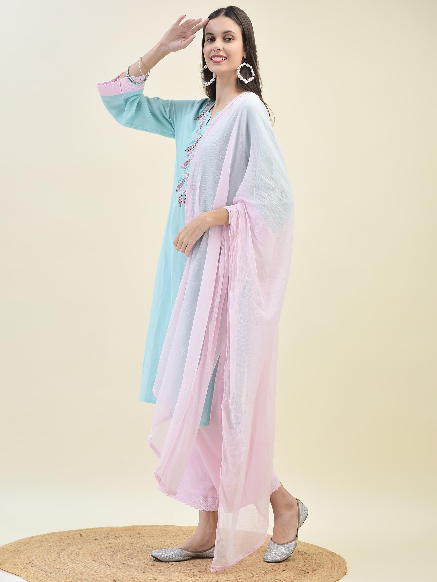 Women Sky Blue Liva Rayon Kurta Comfort Pant Dupatta.