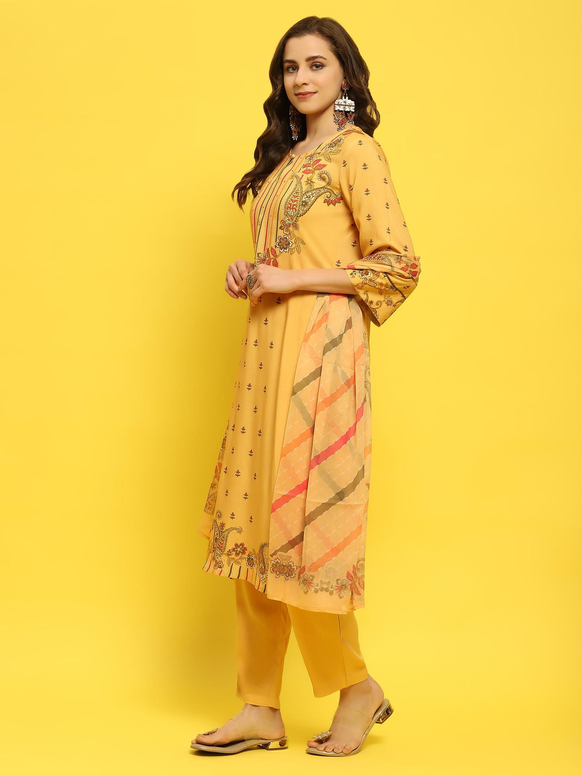 Women Liva Rayon Yellow Floral Print Kurta Trouser Dupatta.