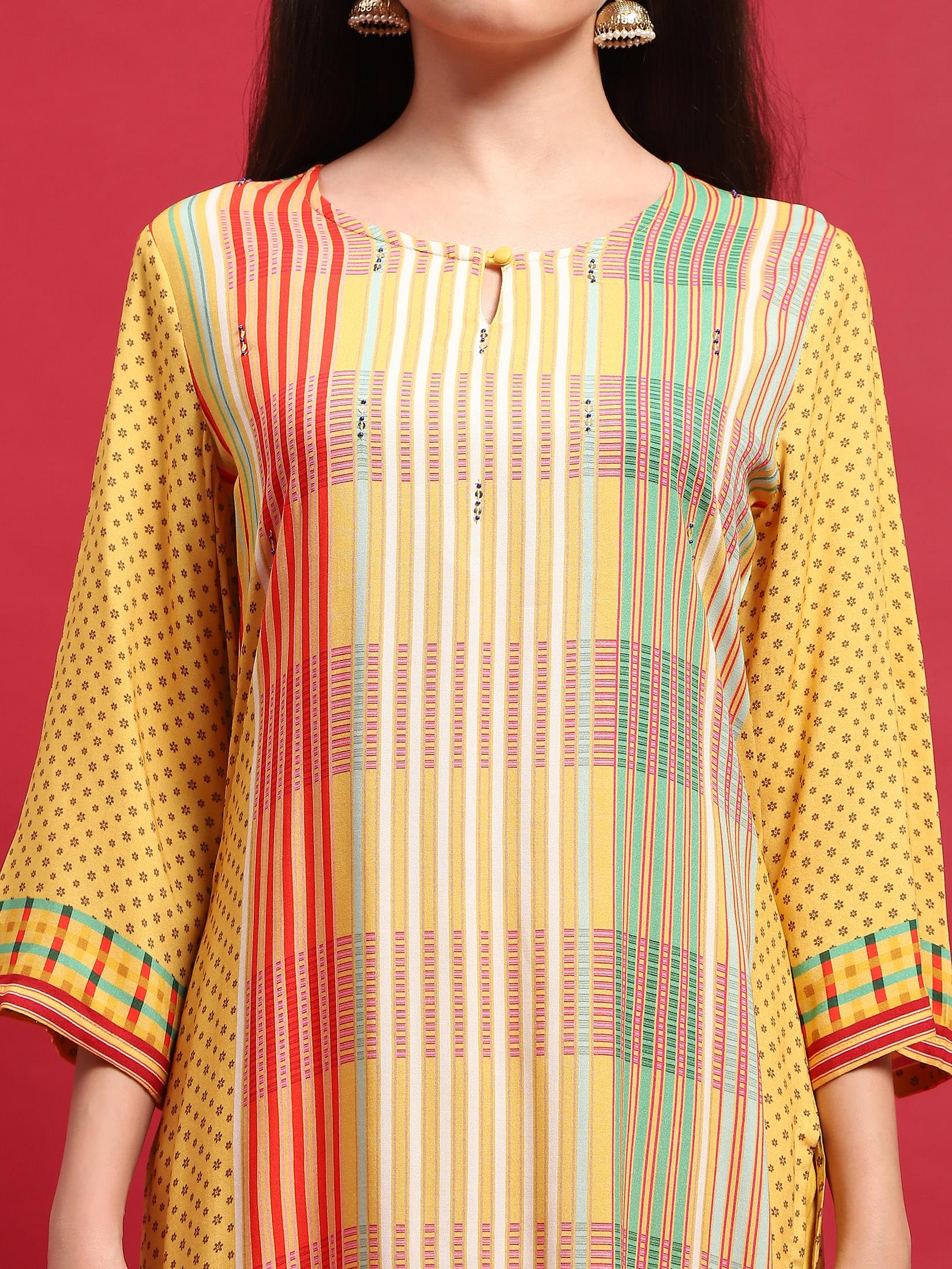 Women Lemon Yellow Multi Liva Rayon Kurta Comfort Pant Dupatta.