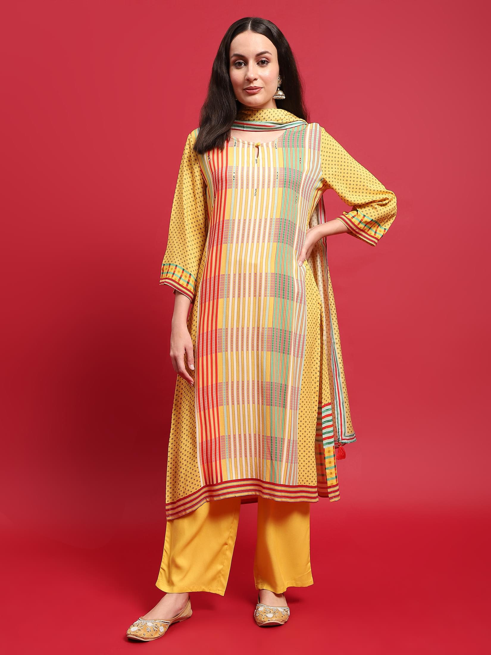 Lemon yellow bright multicolor accents Liva rayon breathable regular line suit set