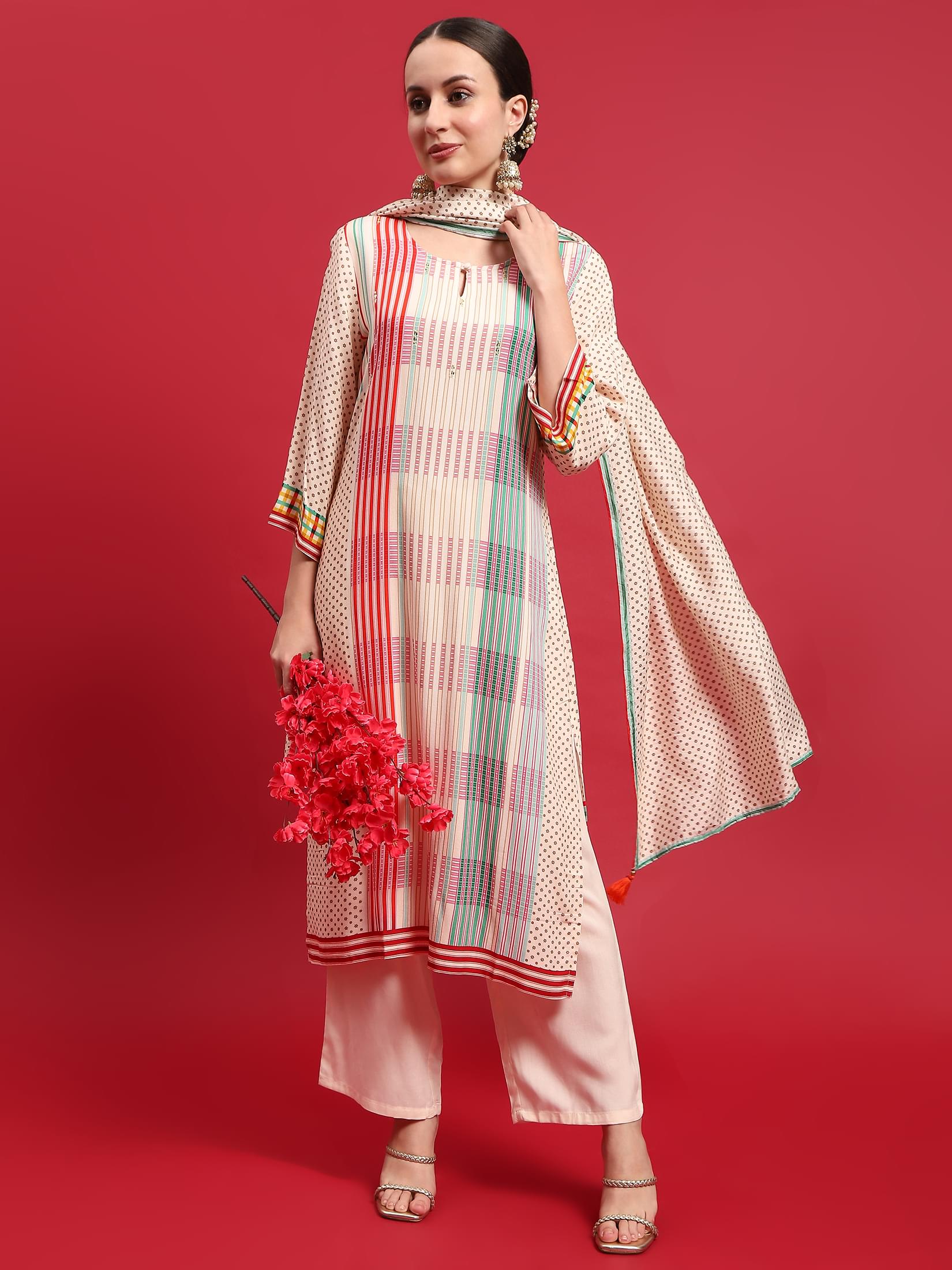 Minimalist off white multicolor abstract print rayon fabric lightweight salwar suit